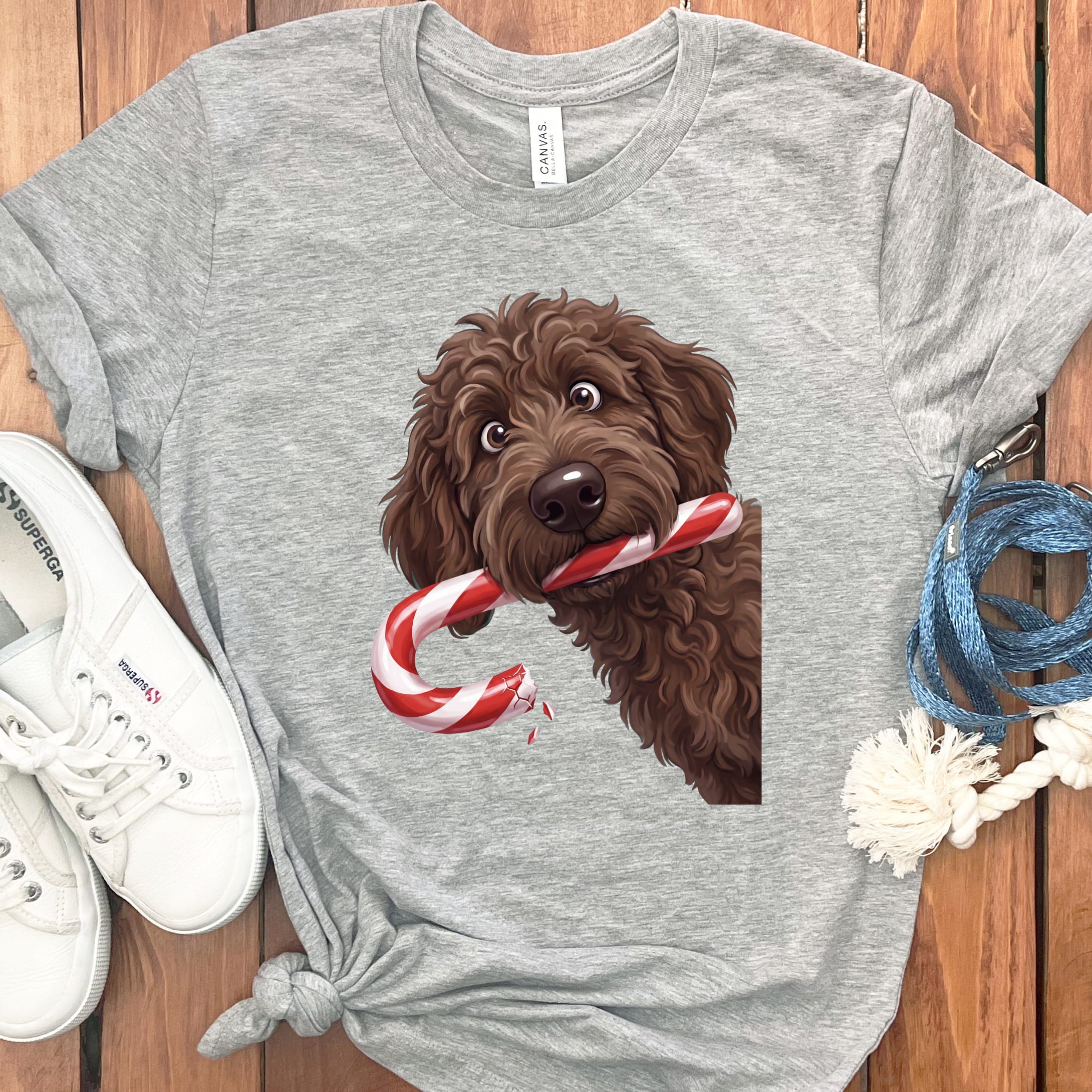 Chocolate Goldendoodle Candy Cane Thief T-Shirt in Athletic Heather / S by Puppy Jo