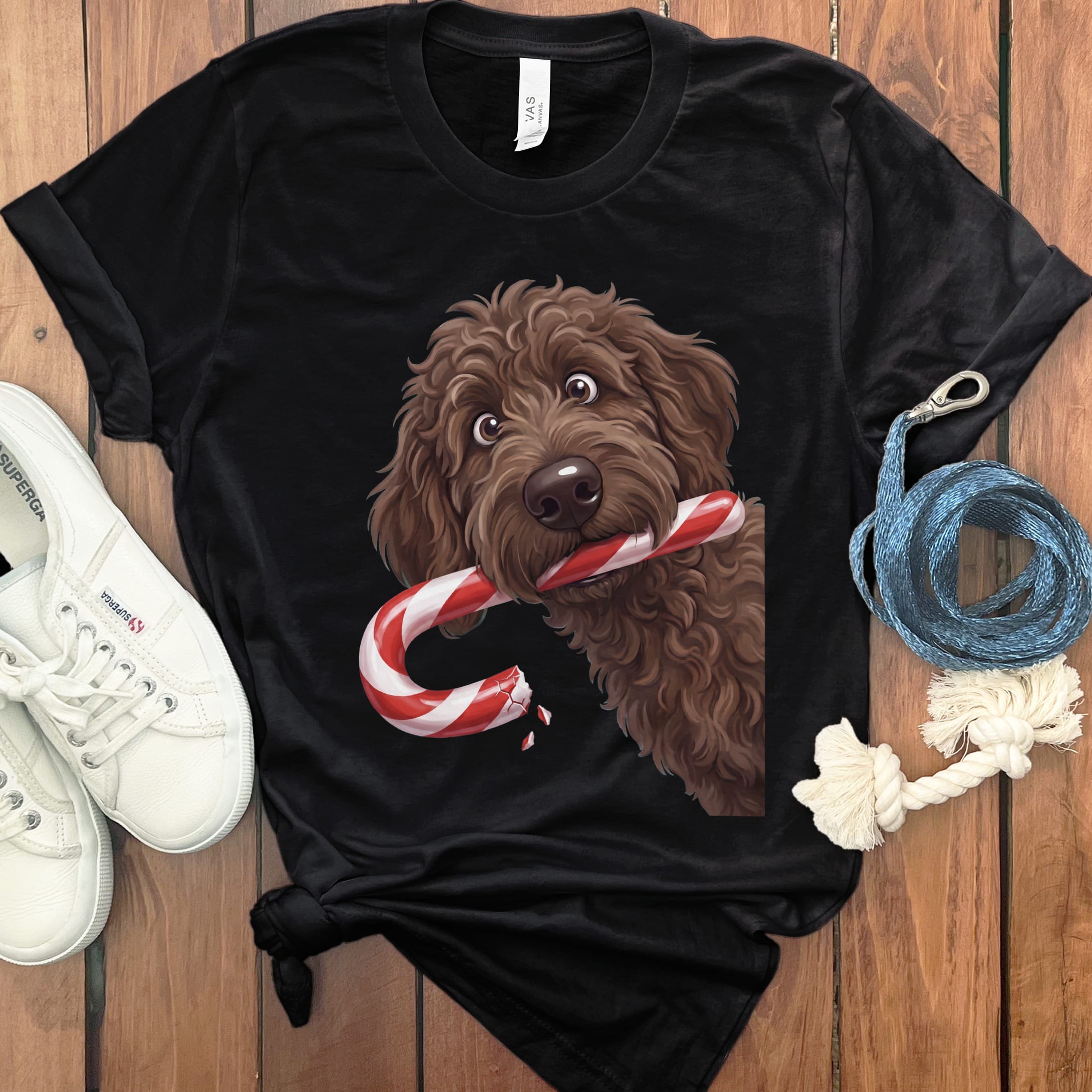 Chocolate Goldendoodle Candy Cane Thief T-Shirt in Black / S by Puppy Jo