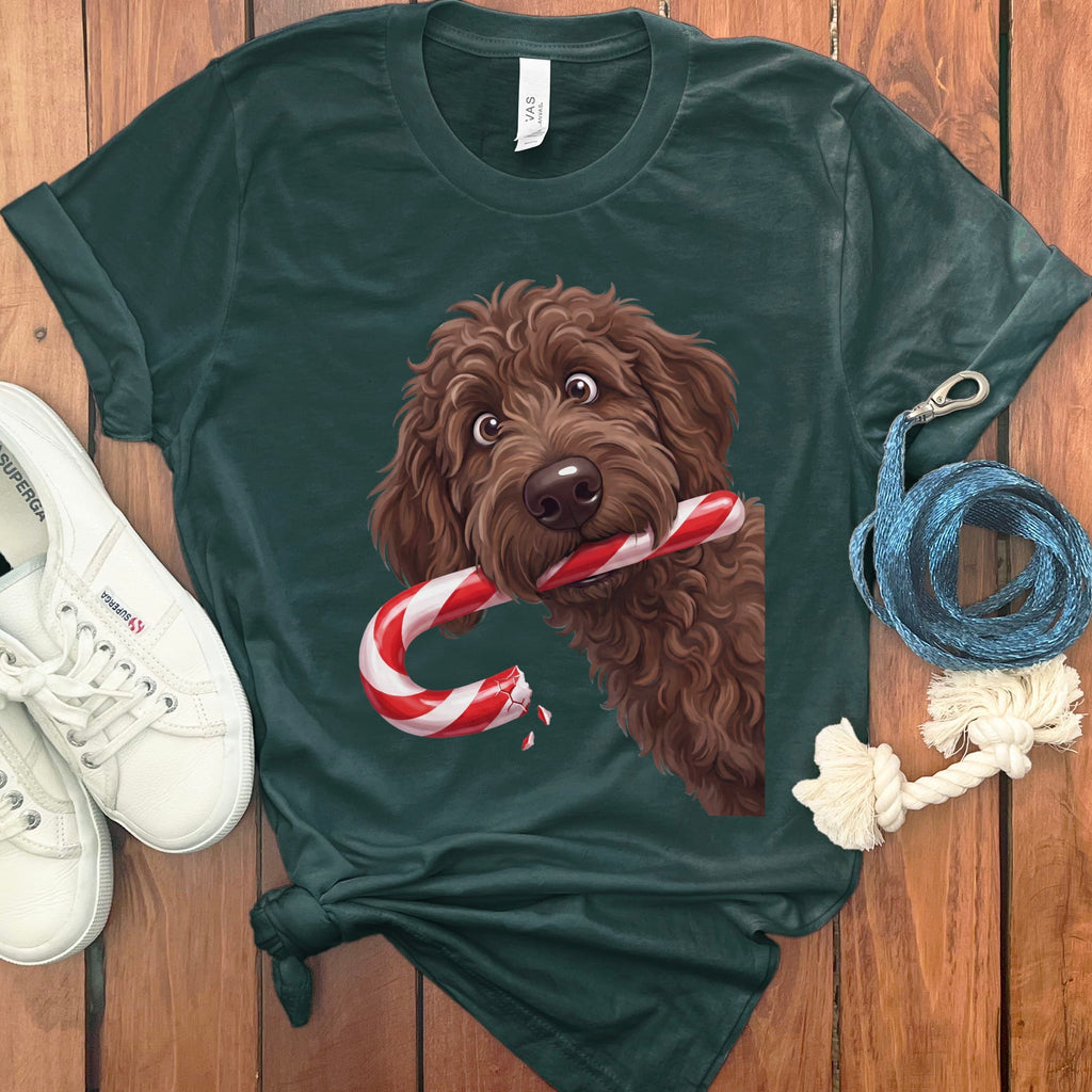 Chocolate Goldendoodle Candy Cane Thief T-Shirt in Forest / S by Puppy Jo