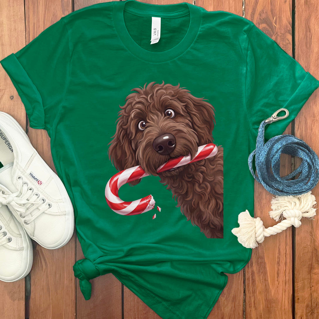 Chocolate Goldendoodle Candy Cane Thief T-Shirt in Kelly / S by Puppy Jo