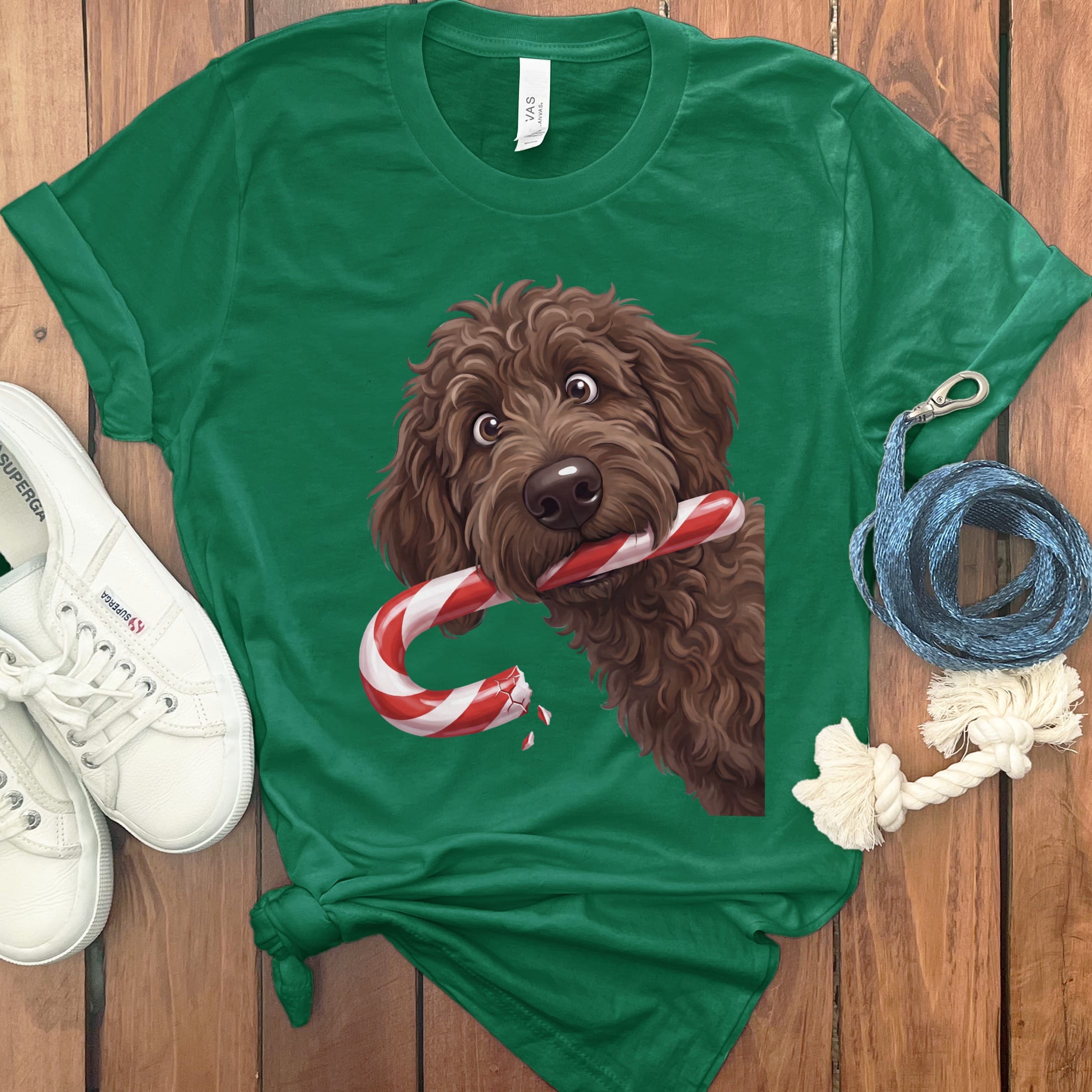 Chocolate Goldendoodle Candy Cane Thief T-Shirt in Kelly / S by Puppy Jo