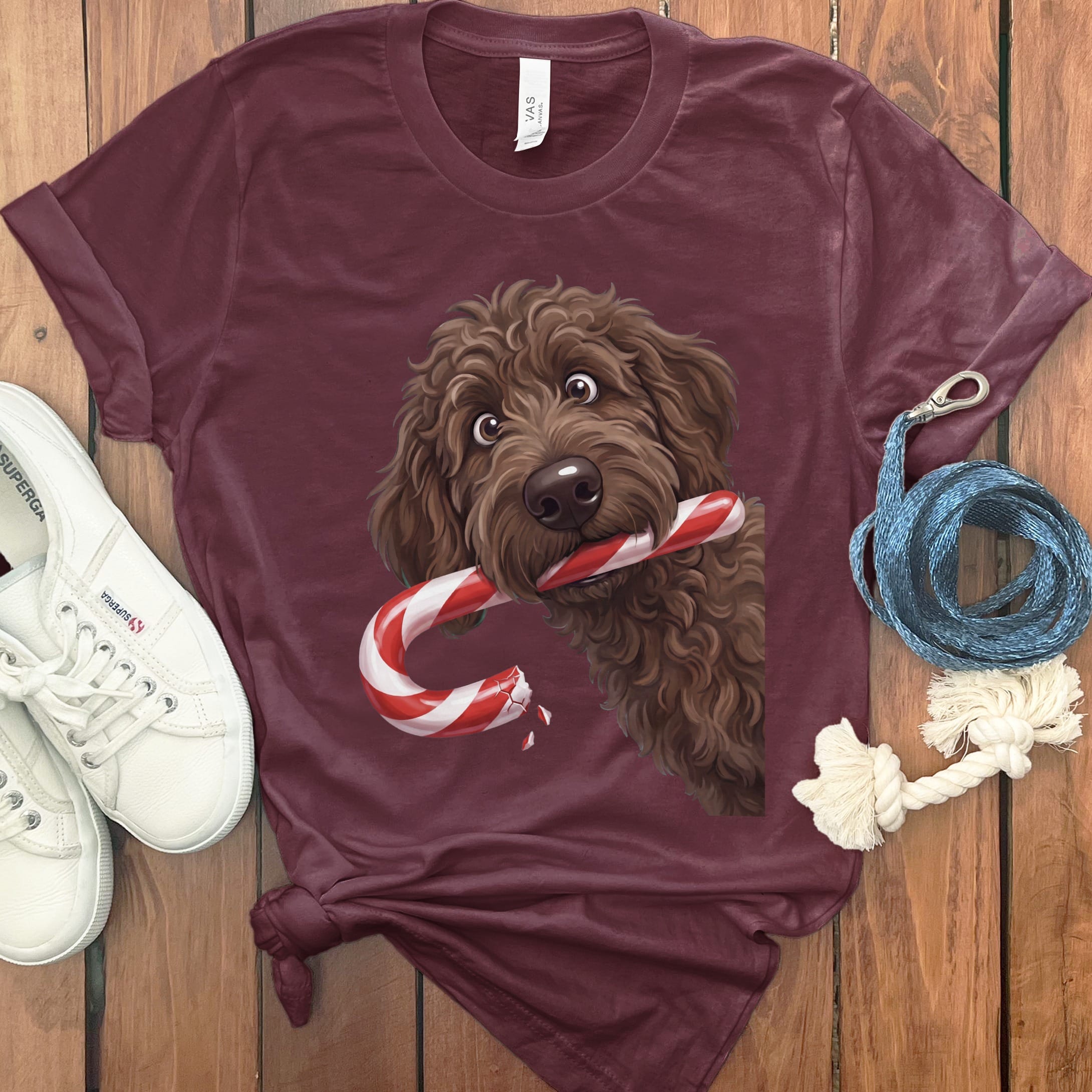 Chocolate Goldendoodle Candy Cane Thief T-Shirt in Maroon / S by Puppy Jo