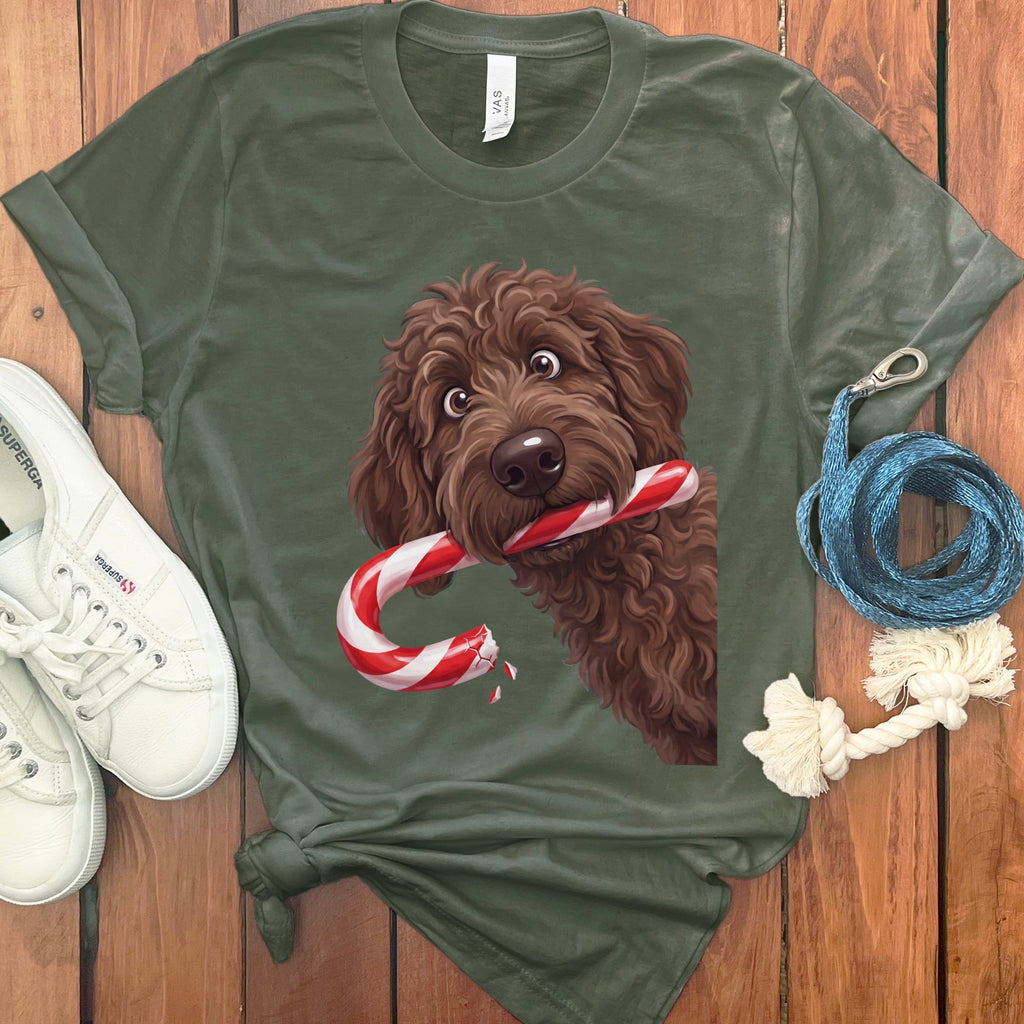Chocolate Goldendoodle Candy Cane Thief T-Shirt in Military Green / S by Puppy Jo