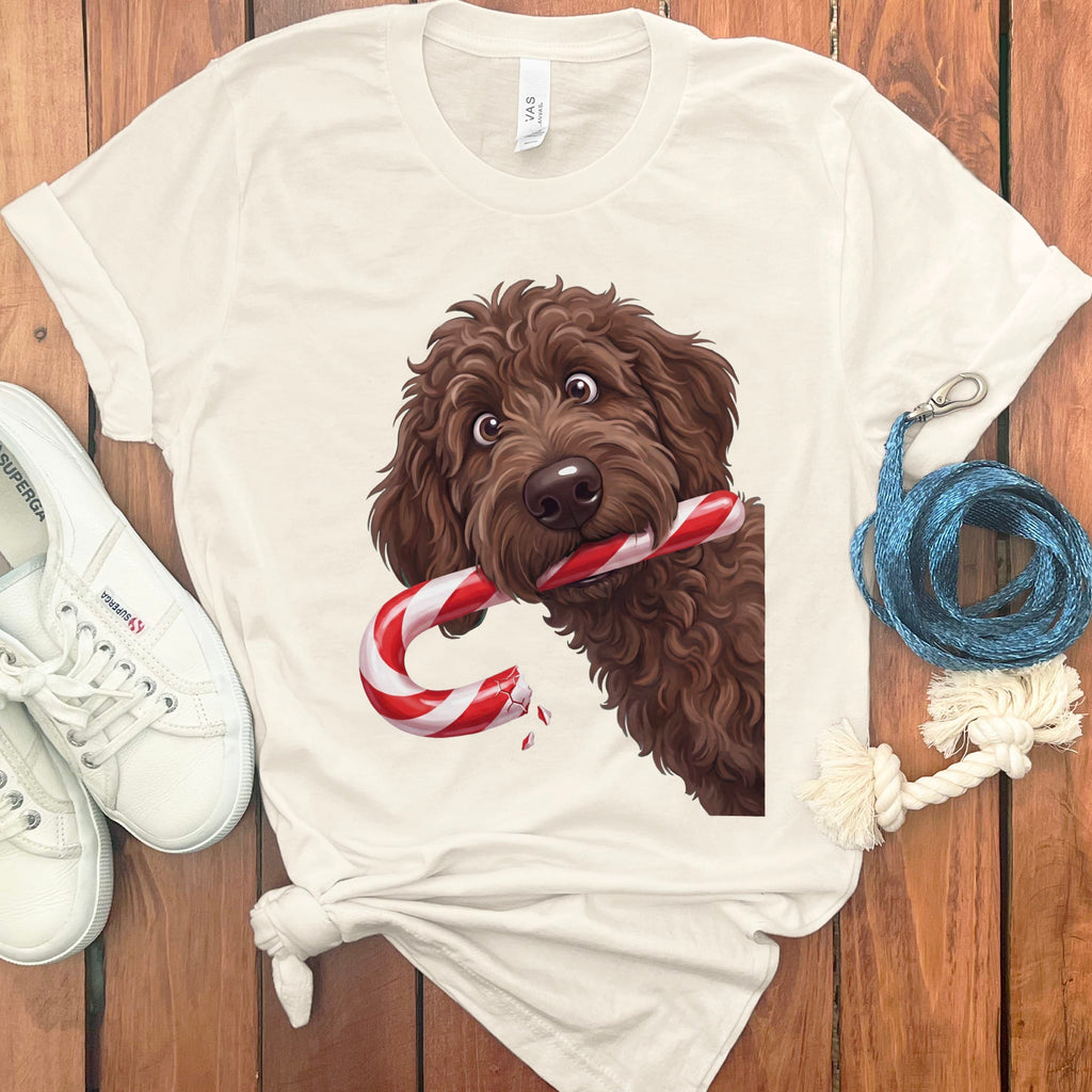 Chocolate Goldendoodle Candy Cane Thief T-Shirt in Natural / S by Puppy Jo