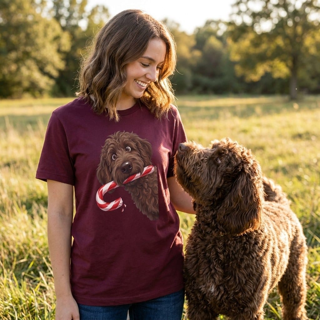 Chocolate Goldendoodle Candy Cane Thief T-Shirt in by Puppy Jo