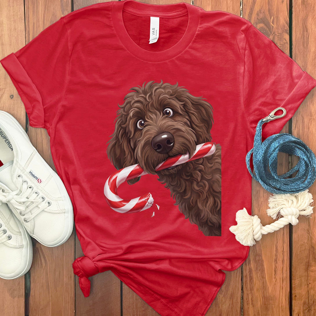 Chocolate Goldendoodle Candy Cane Thief T-Shirt in Red / S by Puppy Jo