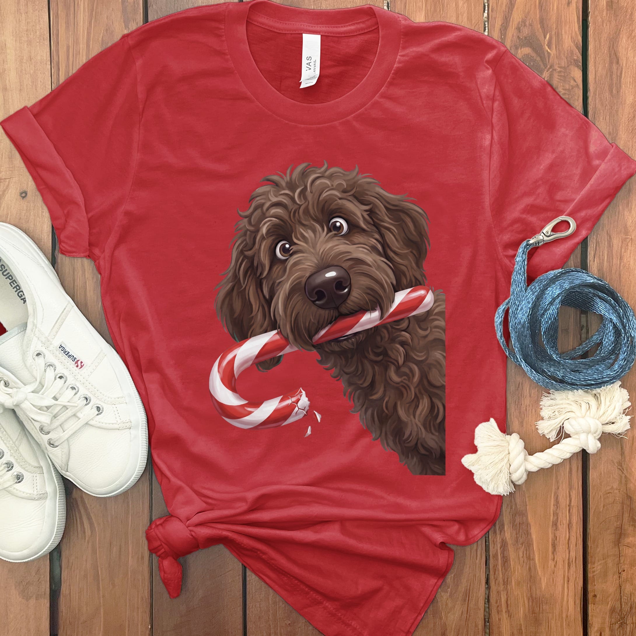 Chocolate Goldendoodle Candy Cane Thief T-Shirt in Red / S by Puppy Jo
