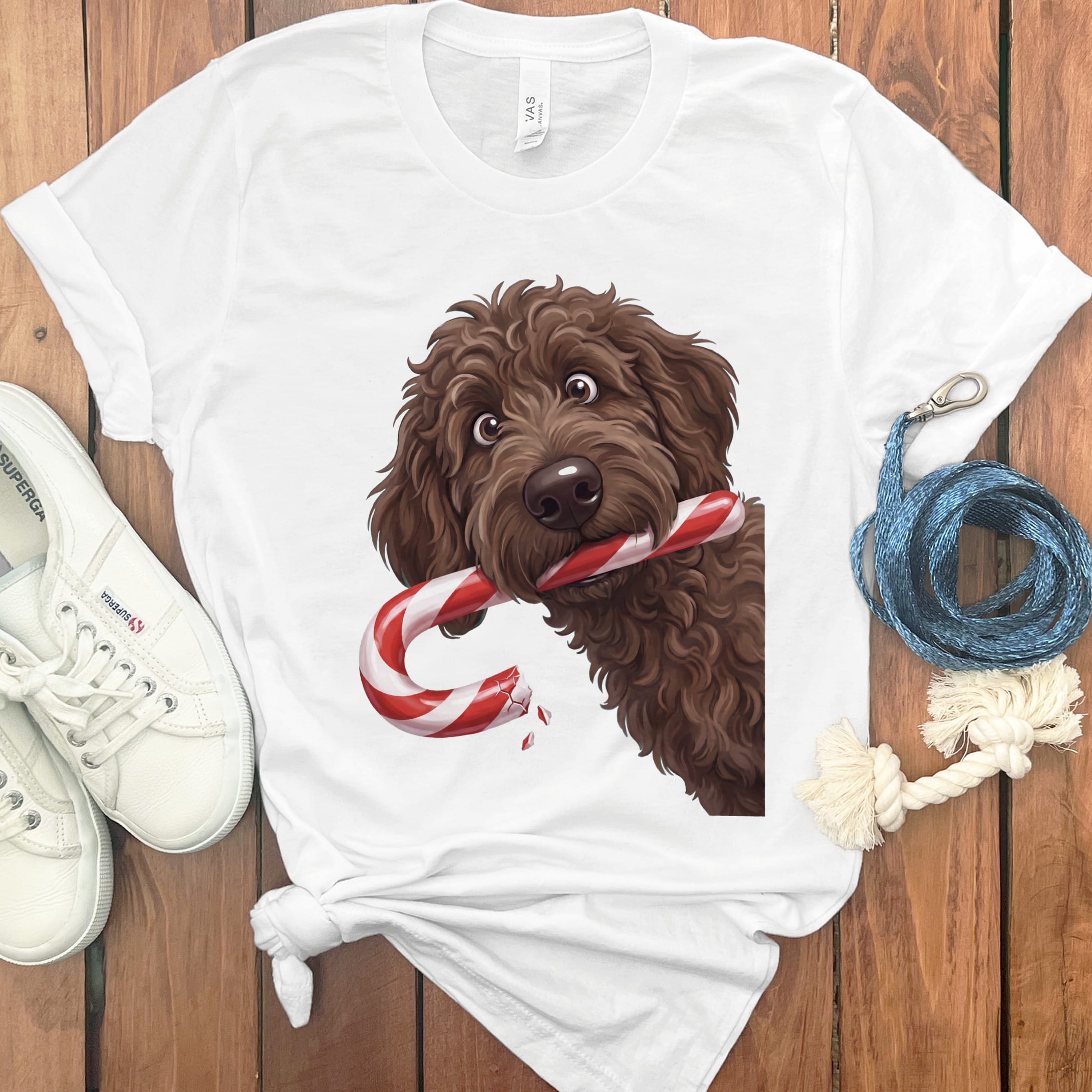 Chocolate Goldendoodle Candy Cane Thief T-Shirt in White / S by Puppy Jo