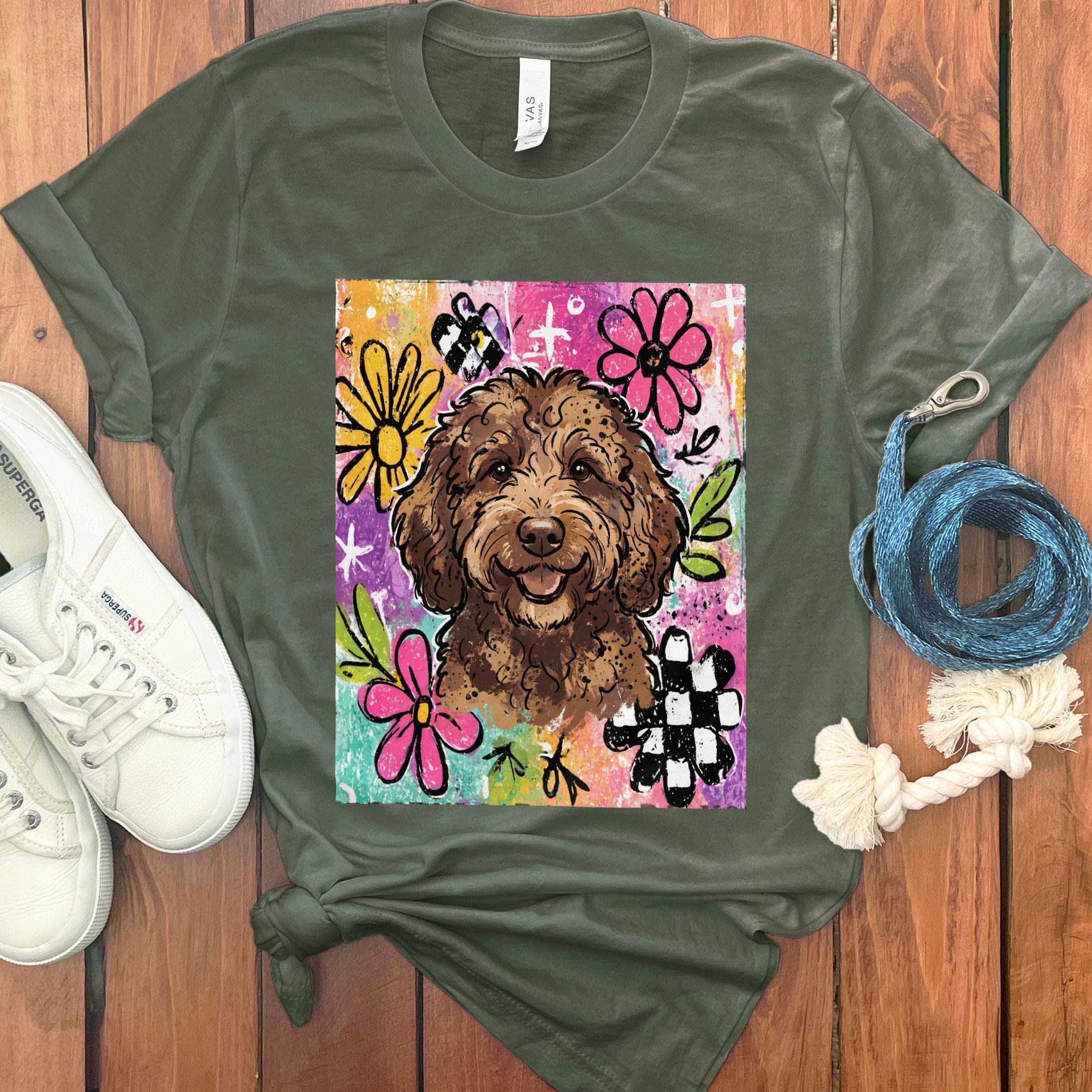 Chocolate Goldendoodle Color Pop T-Shirt in Military Green / S by Puppy Jo