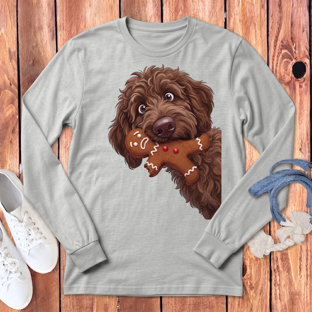 Chocolate Goldendoodle Cookie Thief Long Sleeve T-Shirt in Athletic Heather / S by Puppy Jo