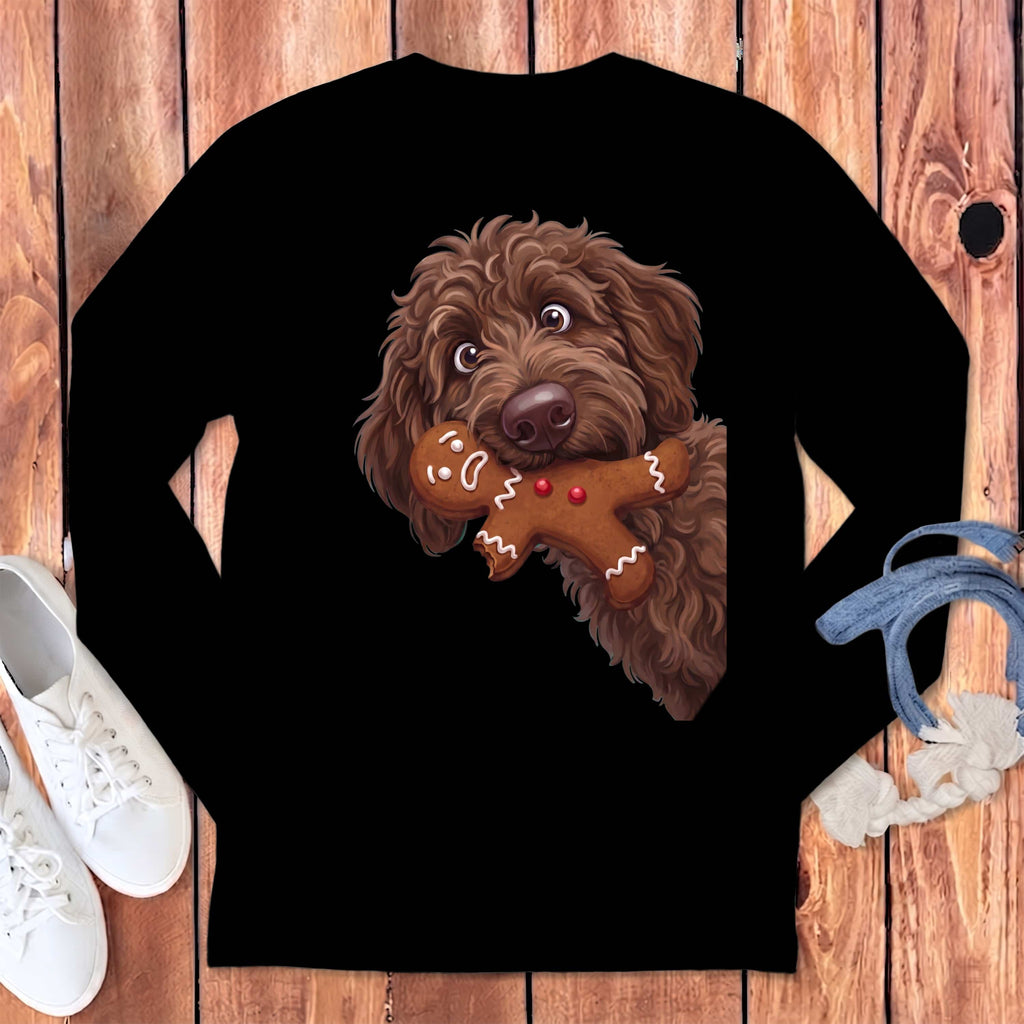 Chocolate Goldendoodle Cookie Thief Long Sleeve T-Shirt in Black / S by Puppy Jo