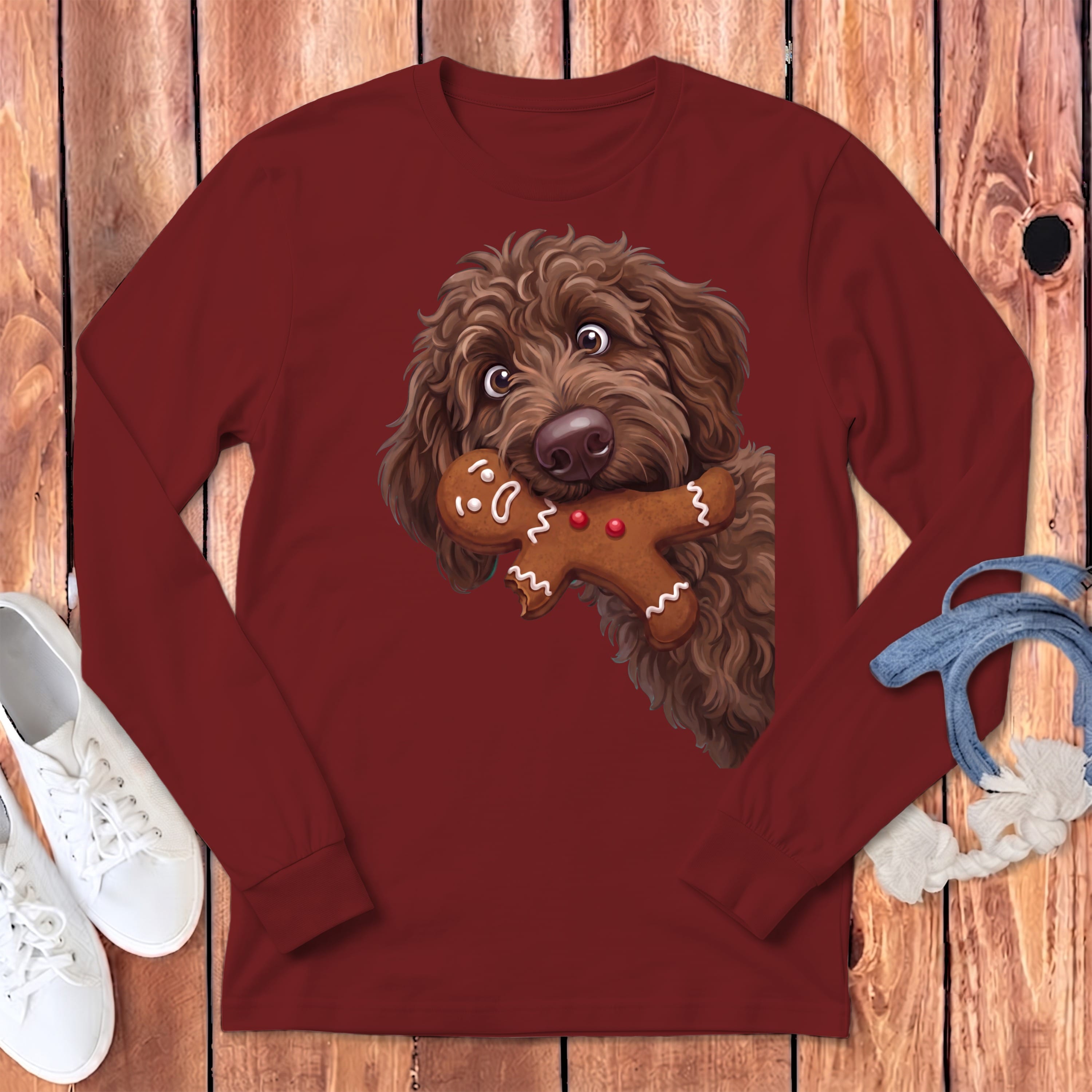 Chocolate Goldendoodle Cookie Thief Long Sleeve T-Shirt in Cardinal / S by Puppy Jo