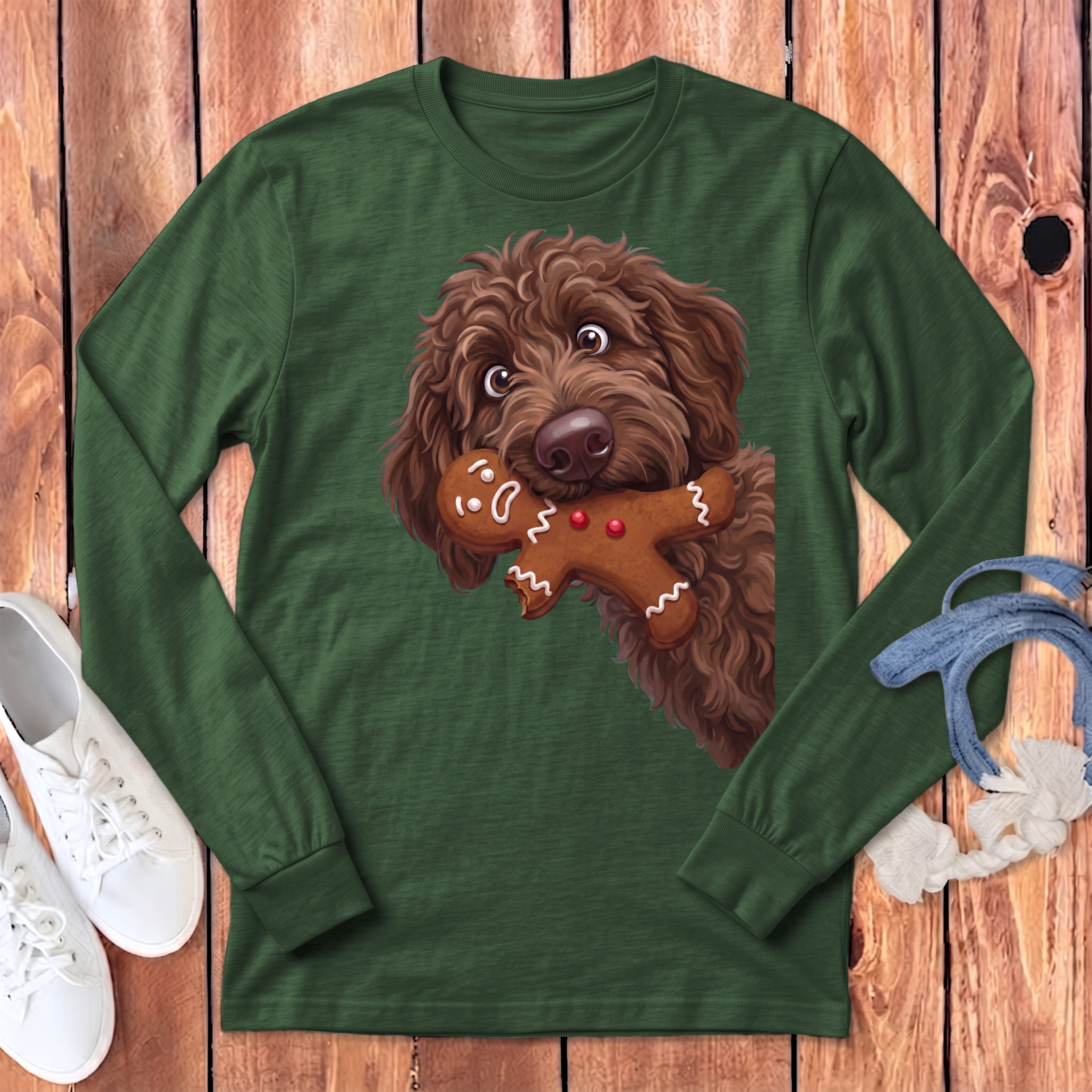 Chocolate Goldendoodle Cookie Thief Long Sleeve T-Shirt in Heather Forest / S by Puppy Jo