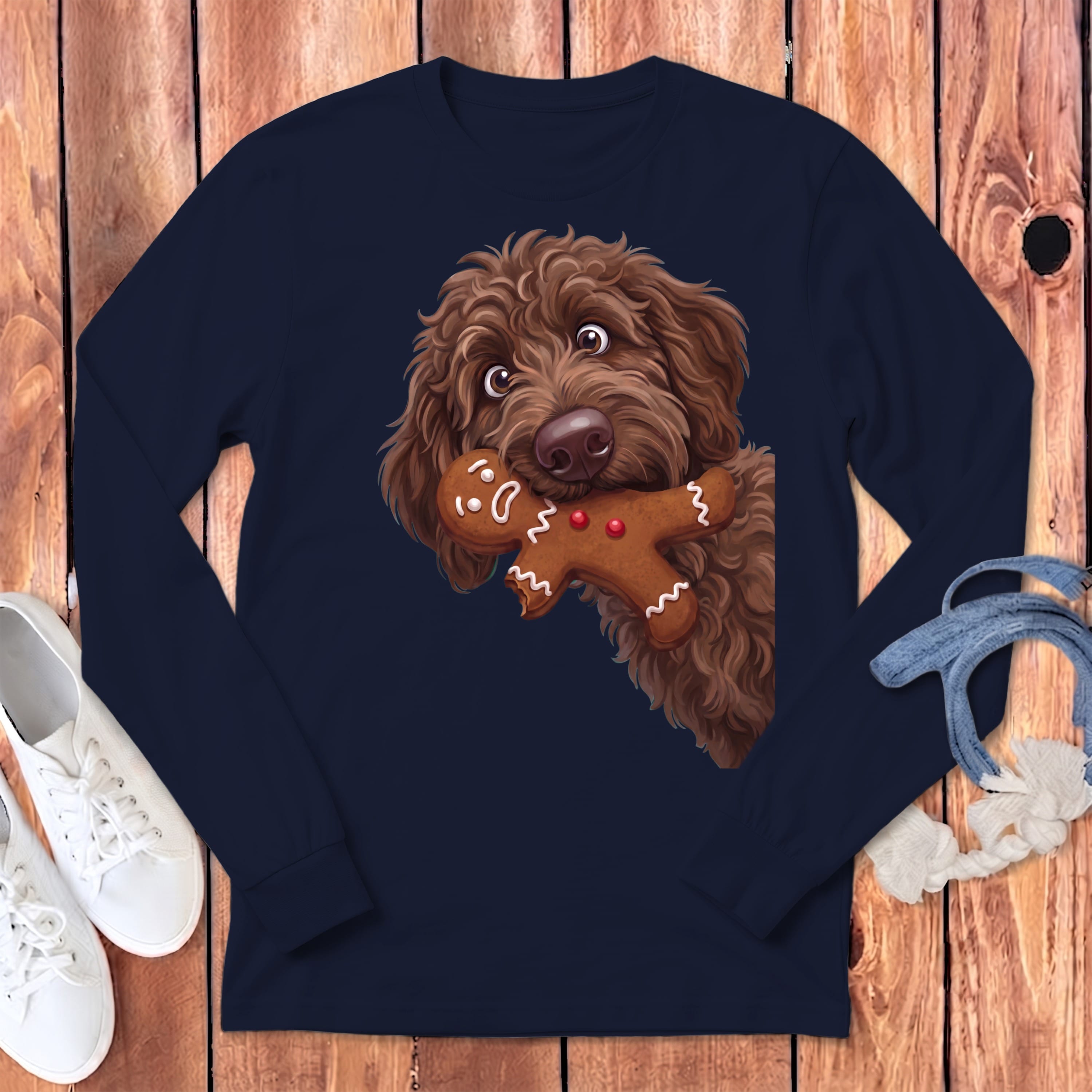 Chocolate Goldendoodle Cookie Thief Long Sleeve T-Shirt in Navy / S by Puppy Jo