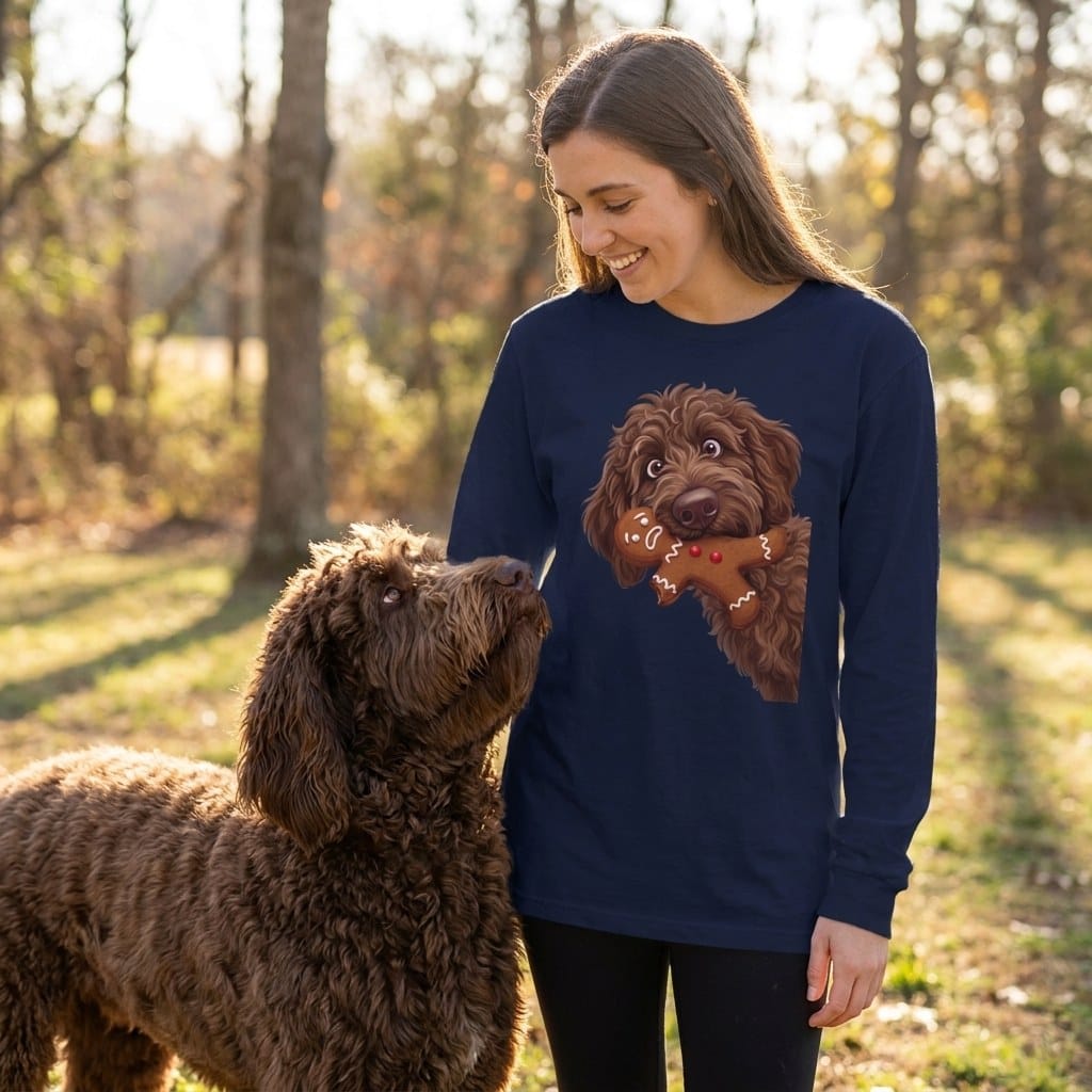 Chocolate Goldendoodle Cookie Thief Long Sleeve T-Shirt in by Puppy Jo