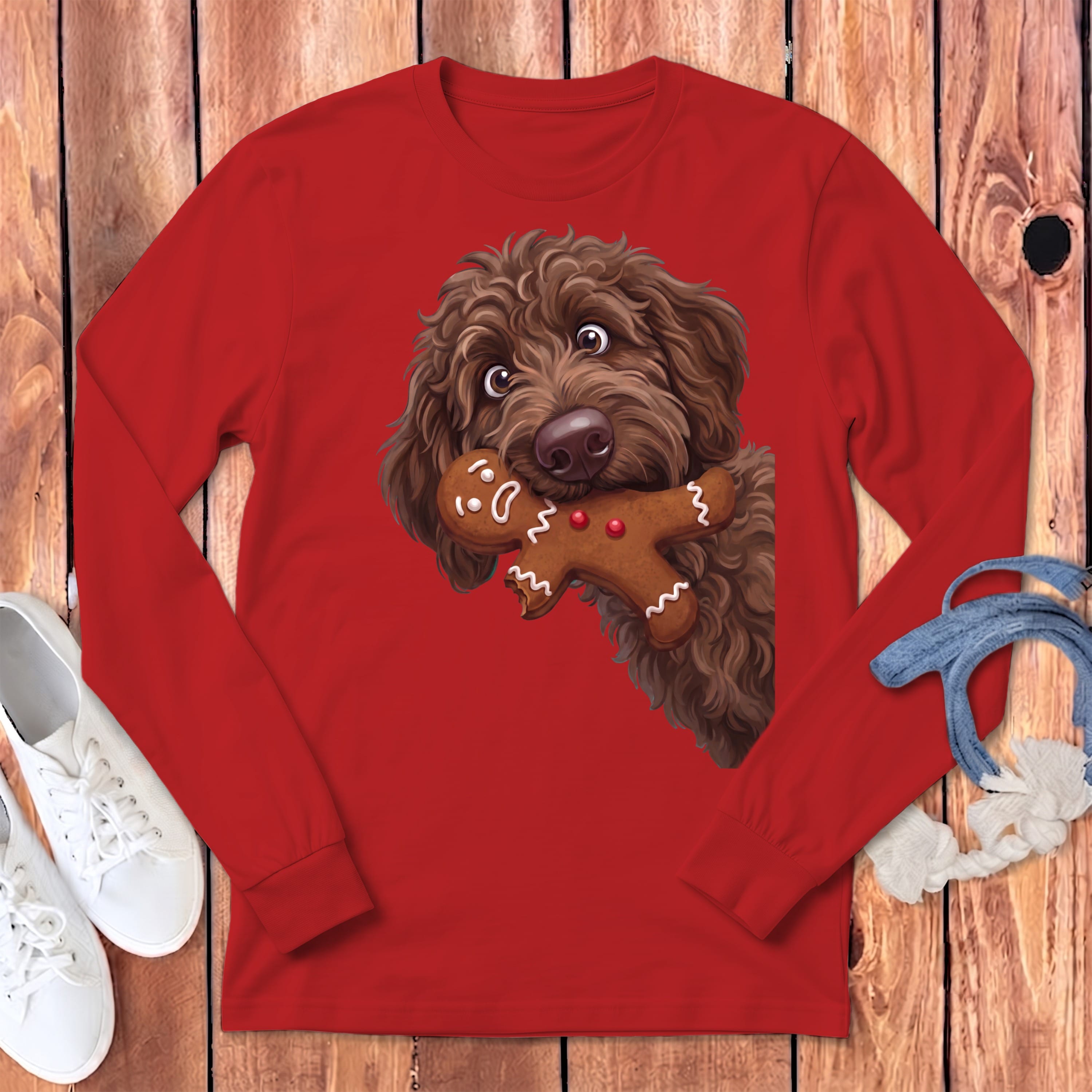 Chocolate Goldendoodle Cookie Thief Long Sleeve T-Shirt in Red / S by Puppy Jo