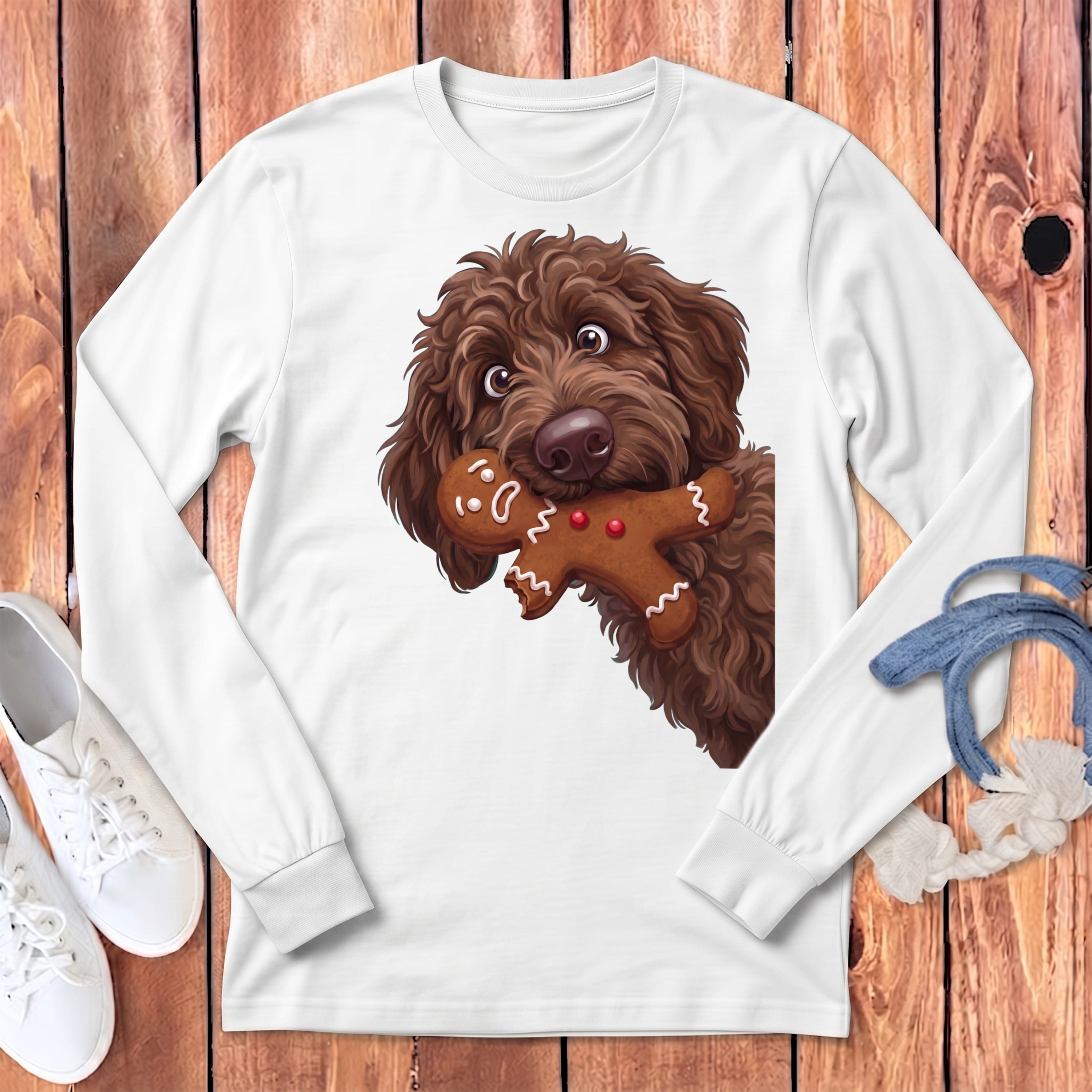 Chocolate Goldendoodle Cookie Thief Long Sleeve T-Shirt in White / S by Puppy Jo