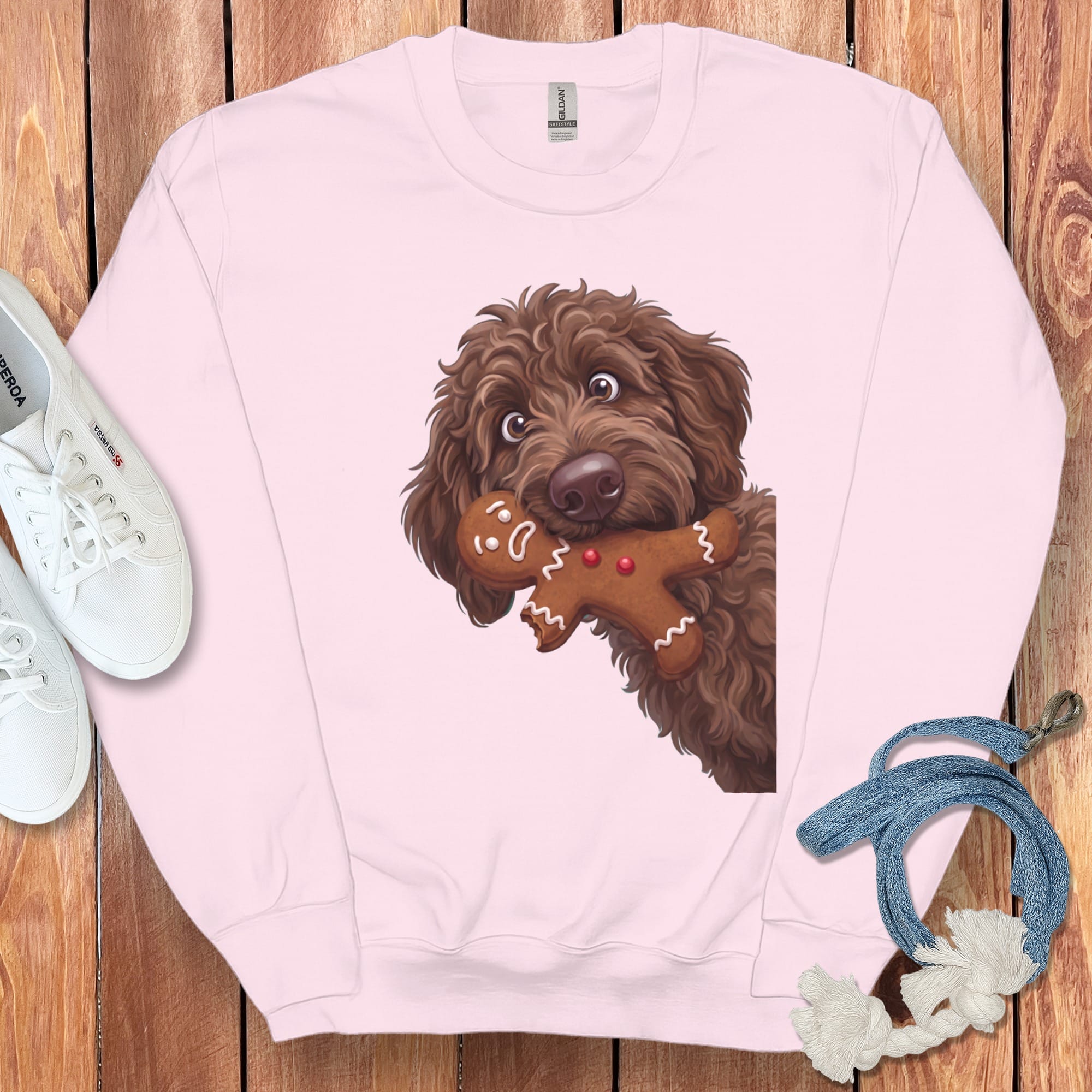Chocolate Goldendoodle Cookie Thief Sweatshirt in Light Pink / S by Puppy Jo