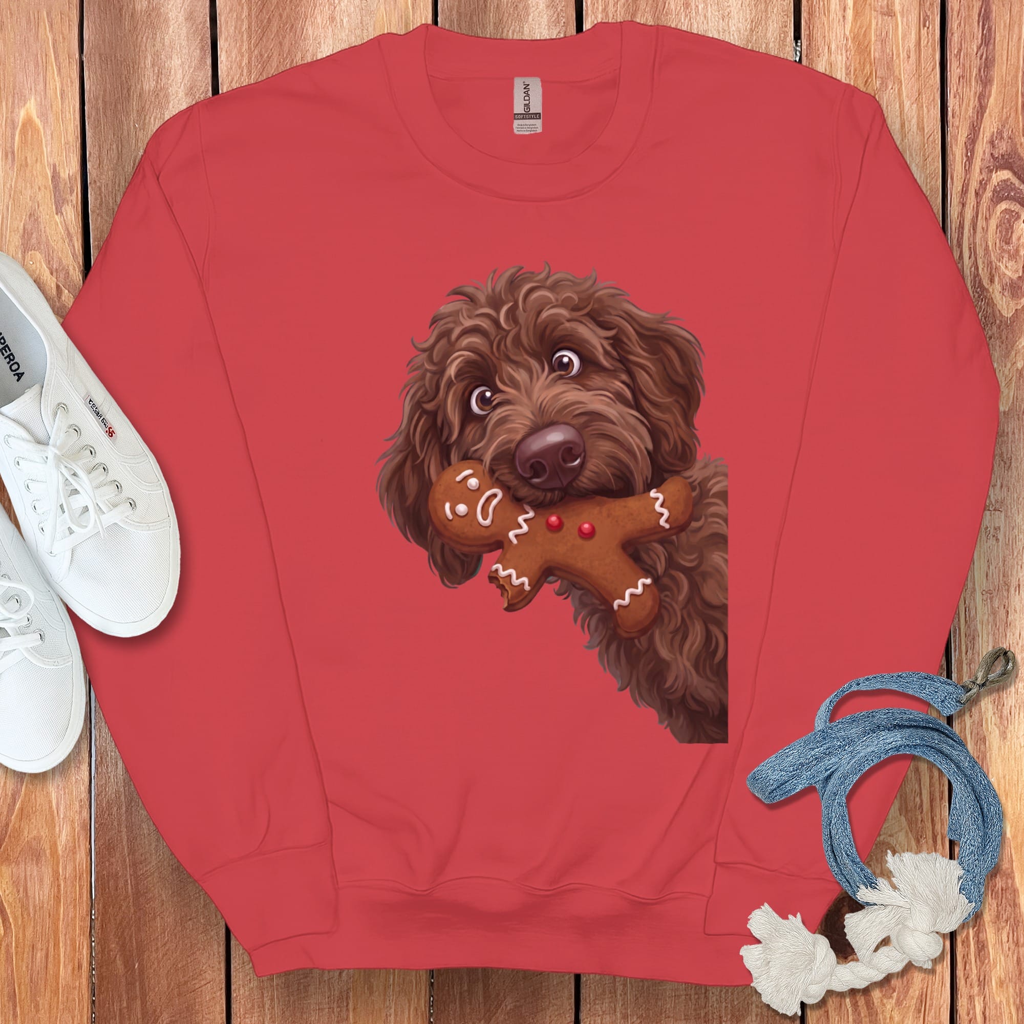 Chocolate Goldendoodle Cookie Thief Sweatshirt in Red / S by Puppy Jo