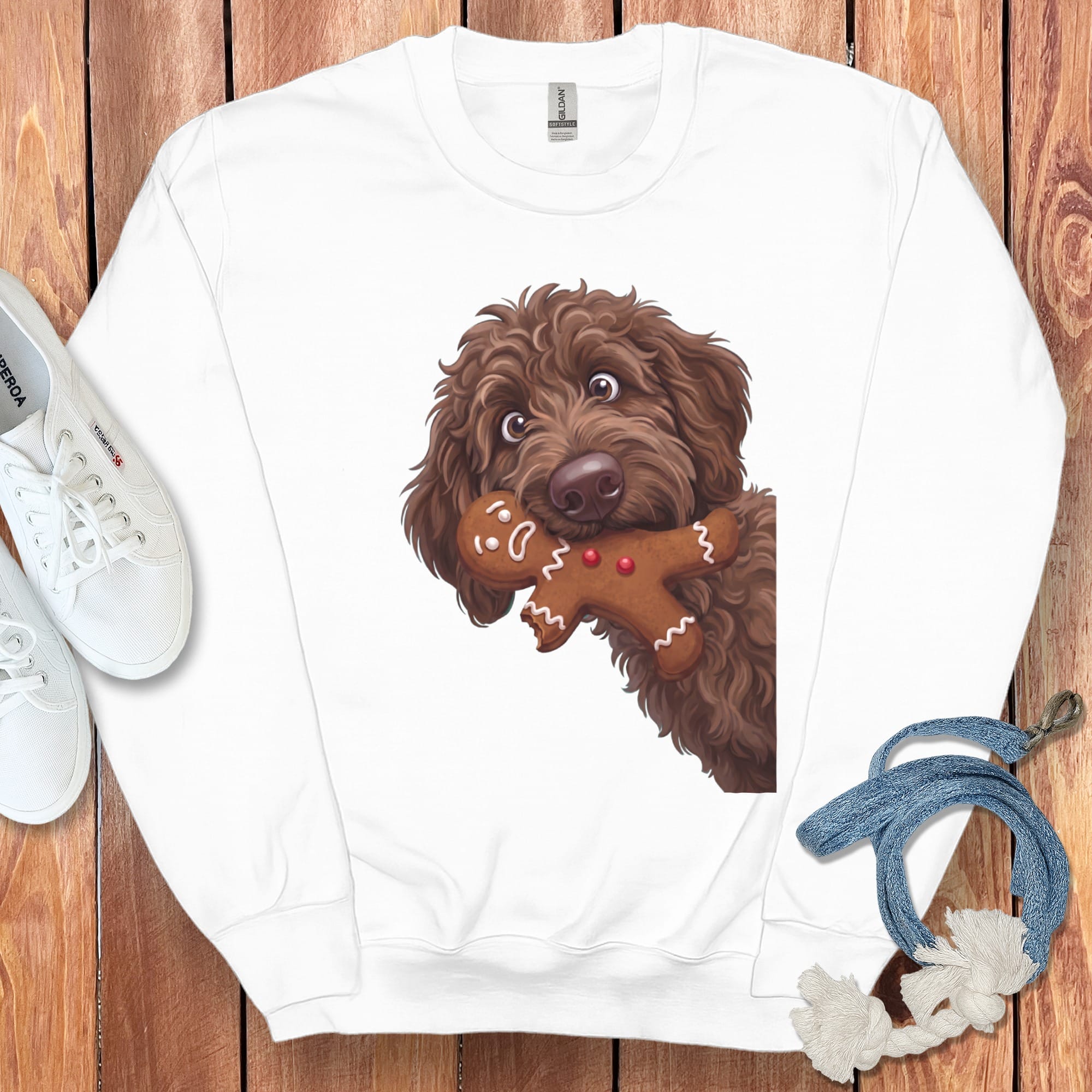 Chocolate Goldendoodle Cookie Thief Sweatshirt in White / S by Puppy Jo