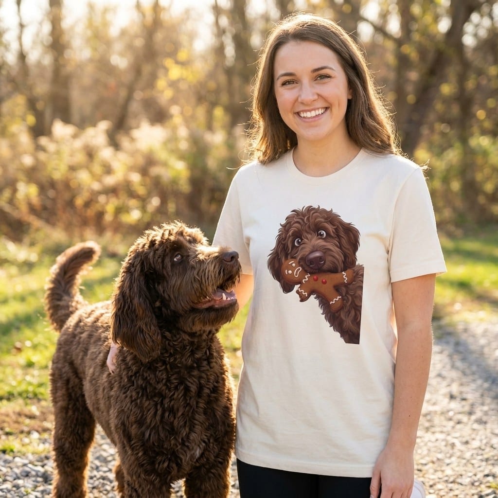 Chocolate Goldendoodle Cookie Thief T-Shirt in by Puppy Jo