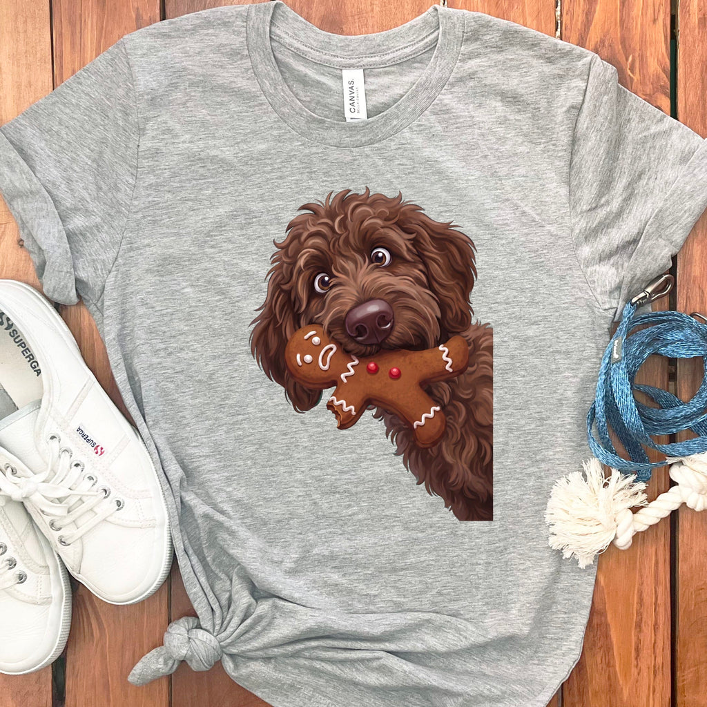 Chocolate Goldendoodle Cookie Thief T-Shirt in S / Athletic Heather by Puppy Jo