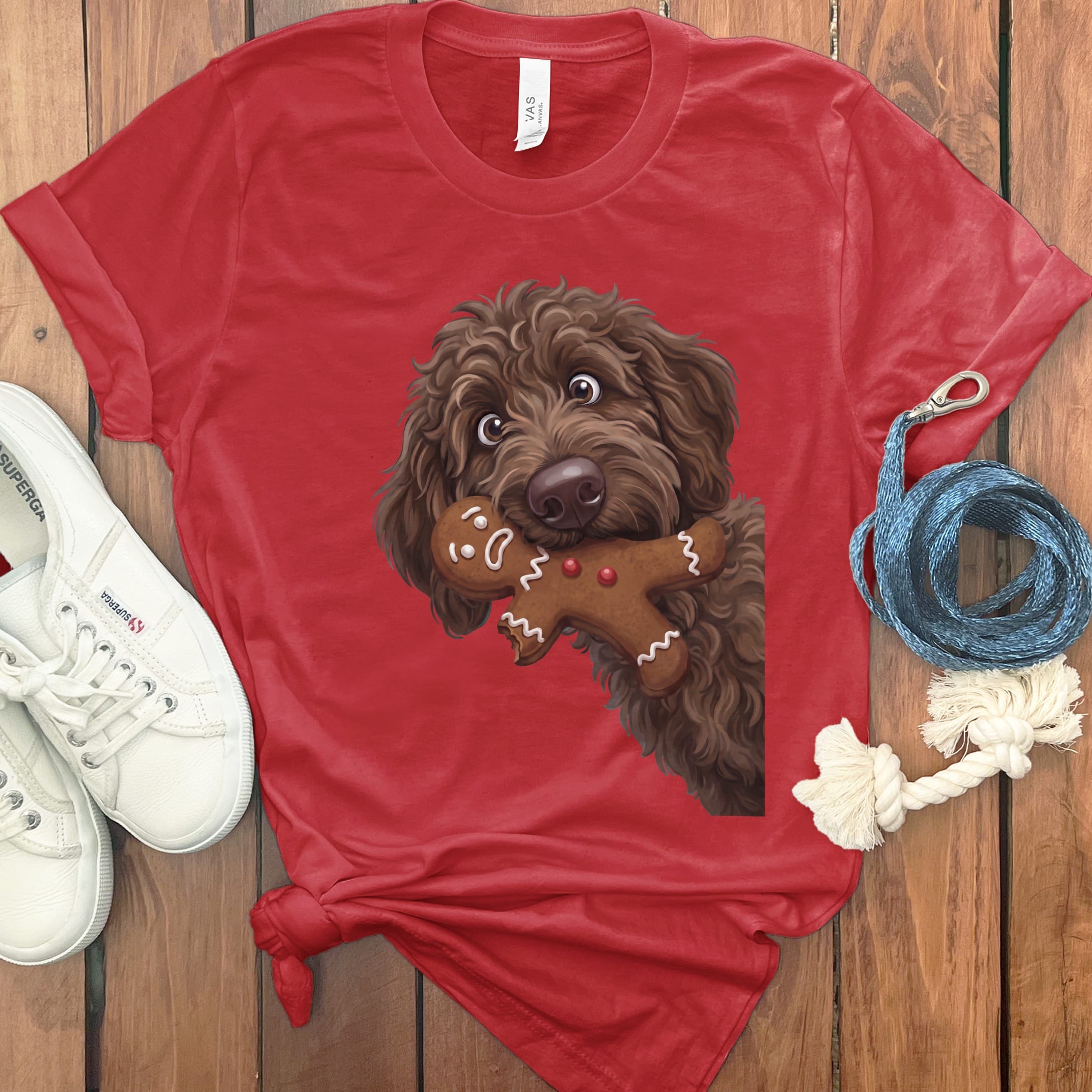 Chocolate Goldendoodle Cookie Thief T-Shirt in S / Red by Puppy Jo