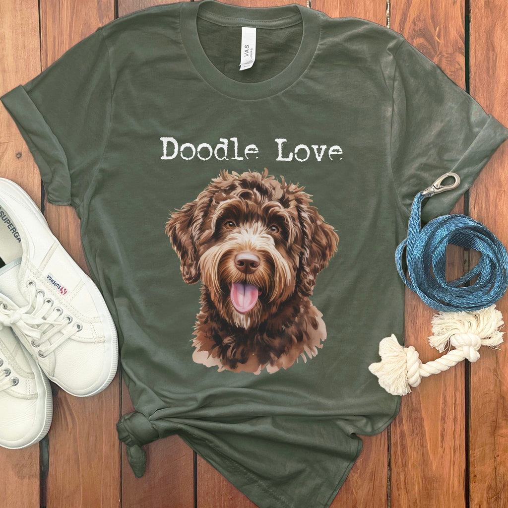 Chocolate Goldendoodle Doodle Love T-Shirt in Military Green / S by Puppy Jo