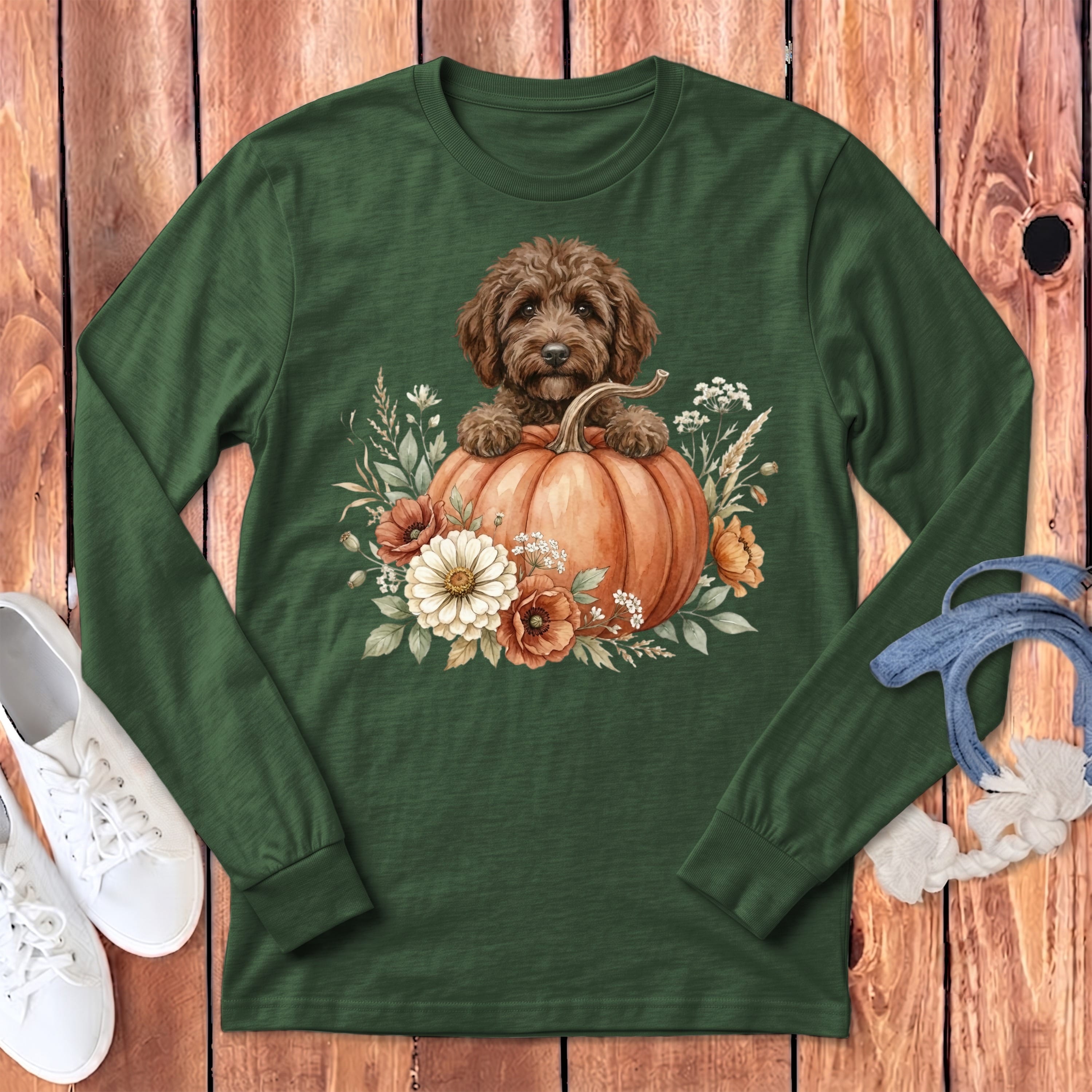 Chocolate Goldendoodle Fall Long Sleeve T-Shirt in Heather Forest / S by Puppy Jo