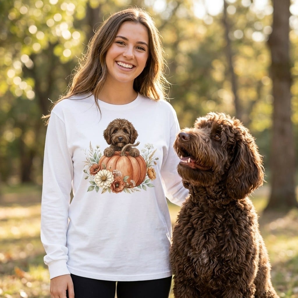 Chocolate Goldendoodle Fall Long Sleeve T-Shirt in by Puppy Jo