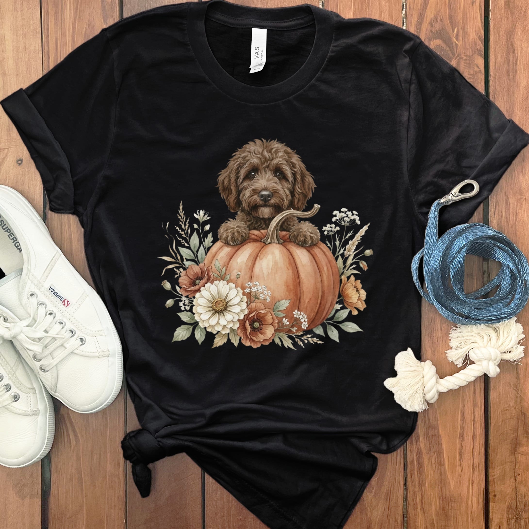 Chocolate Goldendoodle Fall T-Shirt in Black / S by Puppy Jo