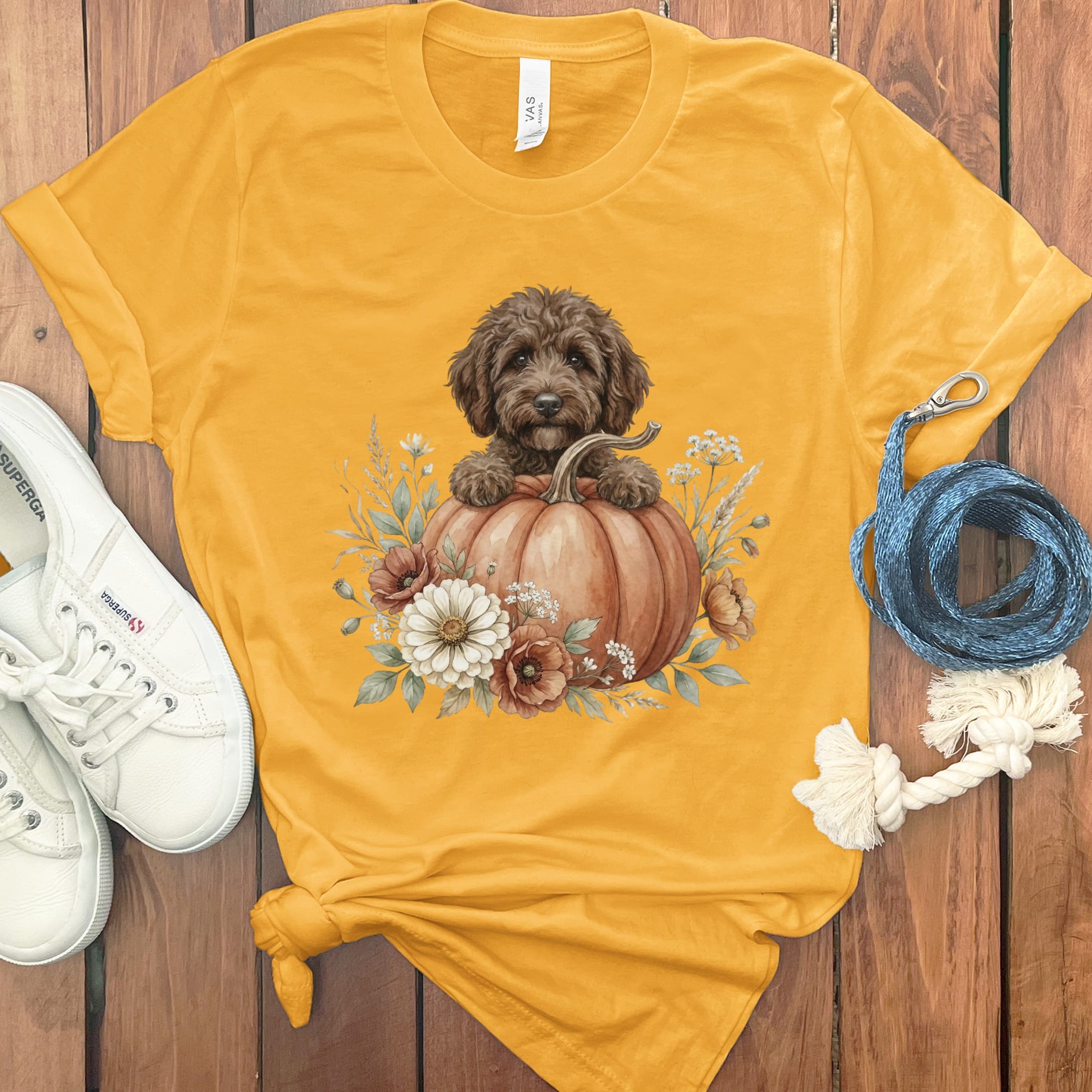 Chocolate Goldendoodle Fall T-Shirt in Gold / S by Puppy Jo