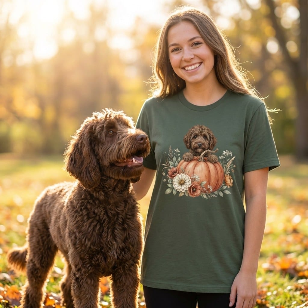 Chocolate Goldendoodle Fall T-Shirt in by Puppy Jo