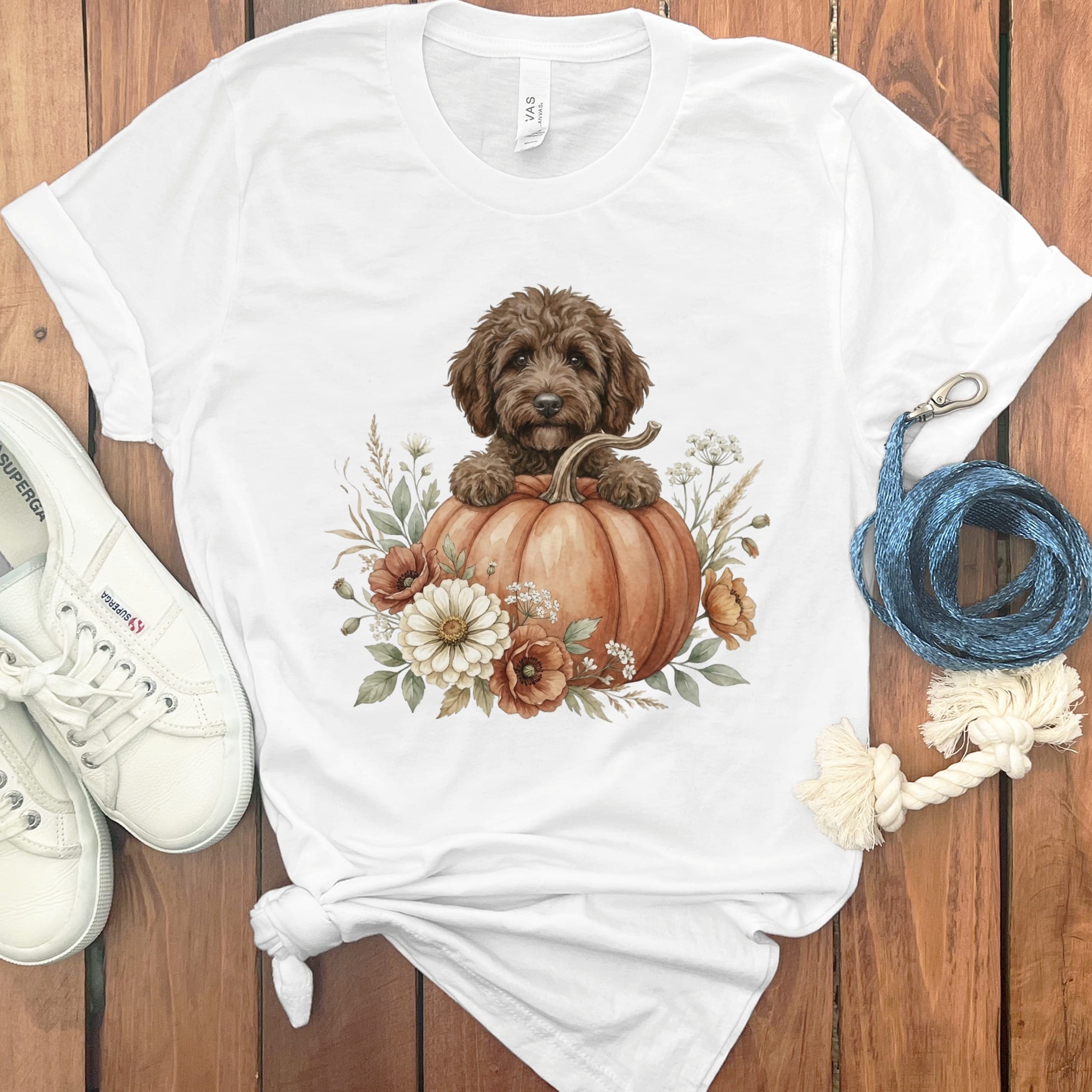 Chocolate Goldendoodle Fall T-Shirt in White / S by Puppy Jo