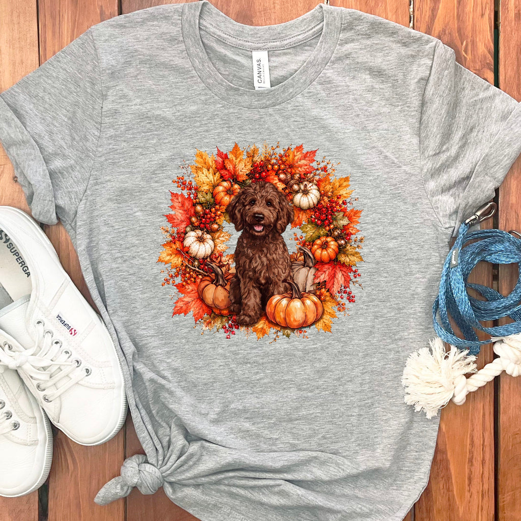 Chocolate Goldendoodle Fall Wreath T-Shirt in Athletic Heather / S by Puppy Jo
