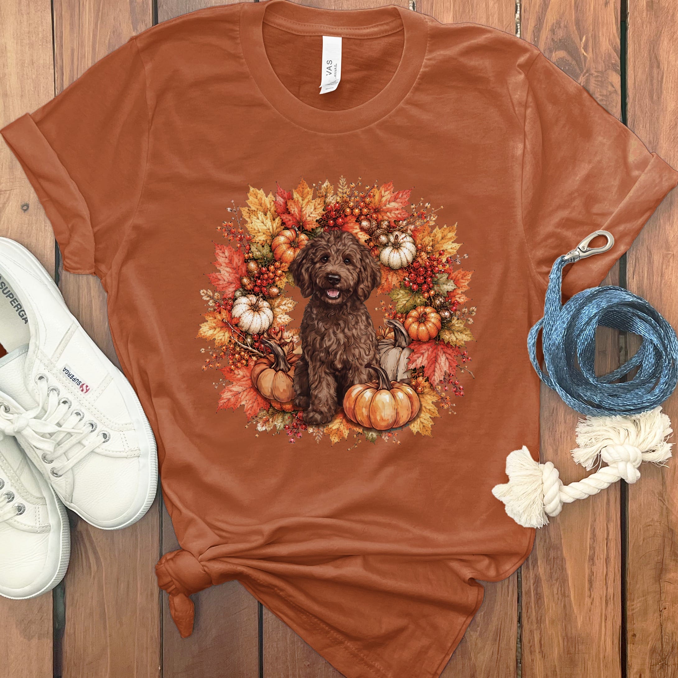 Chocolate Goldendoodle Fall Wreath T-Shirt in Autumn / S by Puppy Jo
