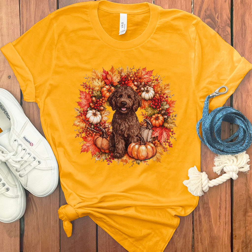 Chocolate Goldendoodle Fall Wreath T-Shirt in Gold / S by Puppy Jo