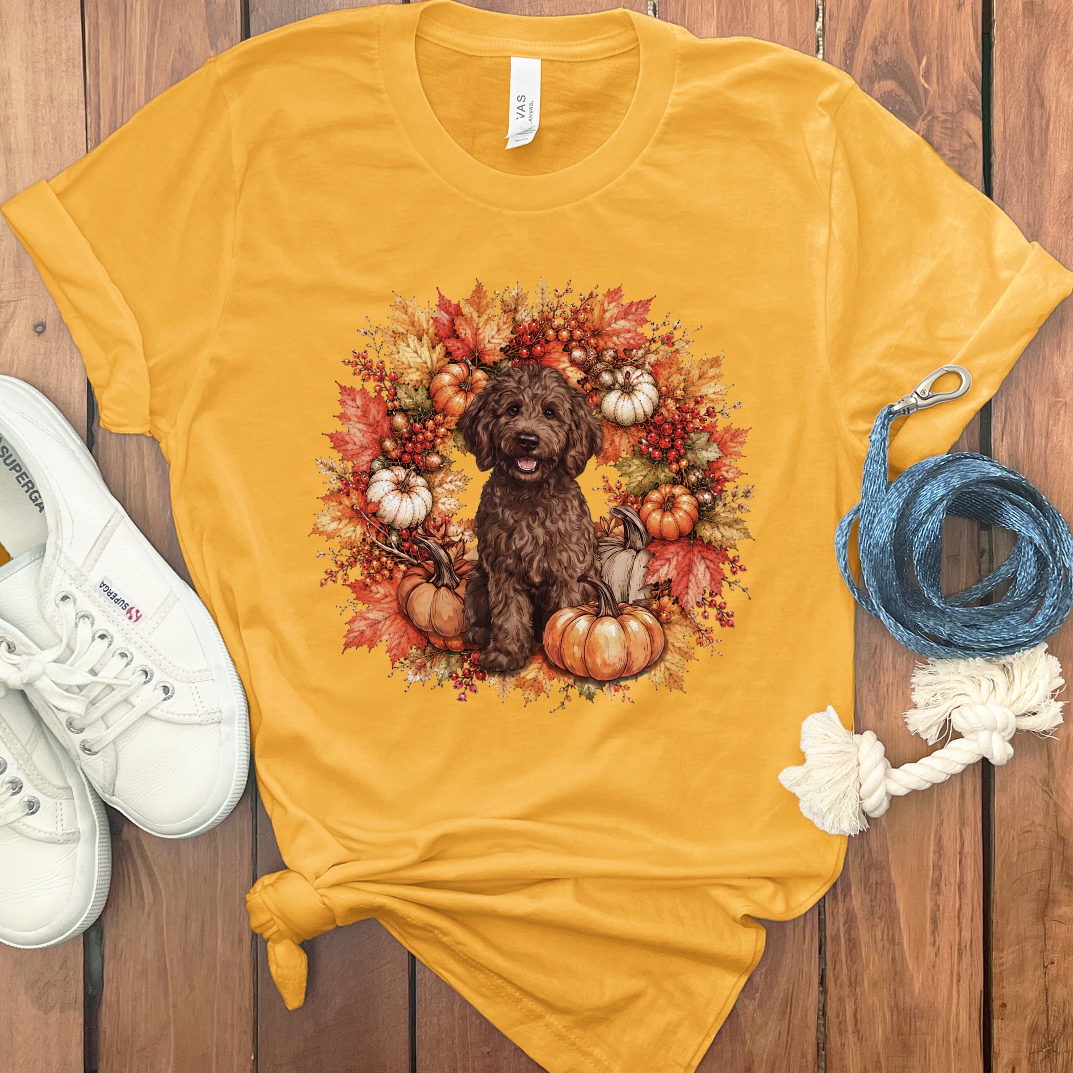 Chocolate Goldendoodle Fall Wreath T-Shirt in Gold / S by Puppy Jo