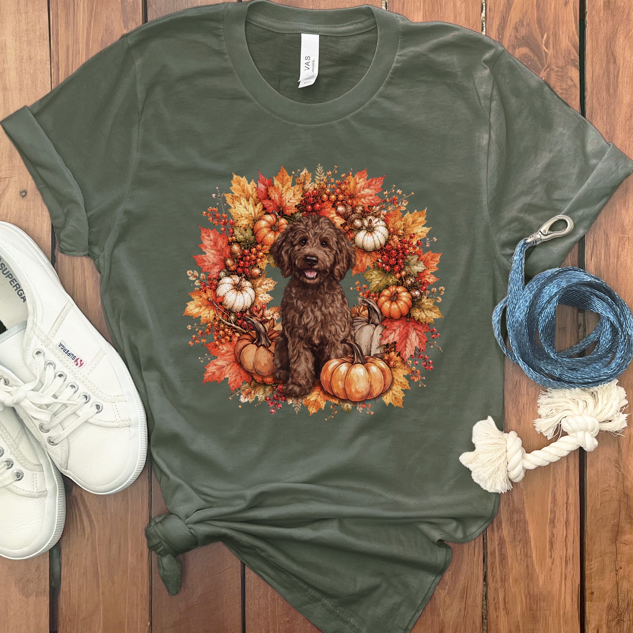 Chocolate Goldendoodle Fall Wreath T-Shirt in Military Green / S by Puppy Jo