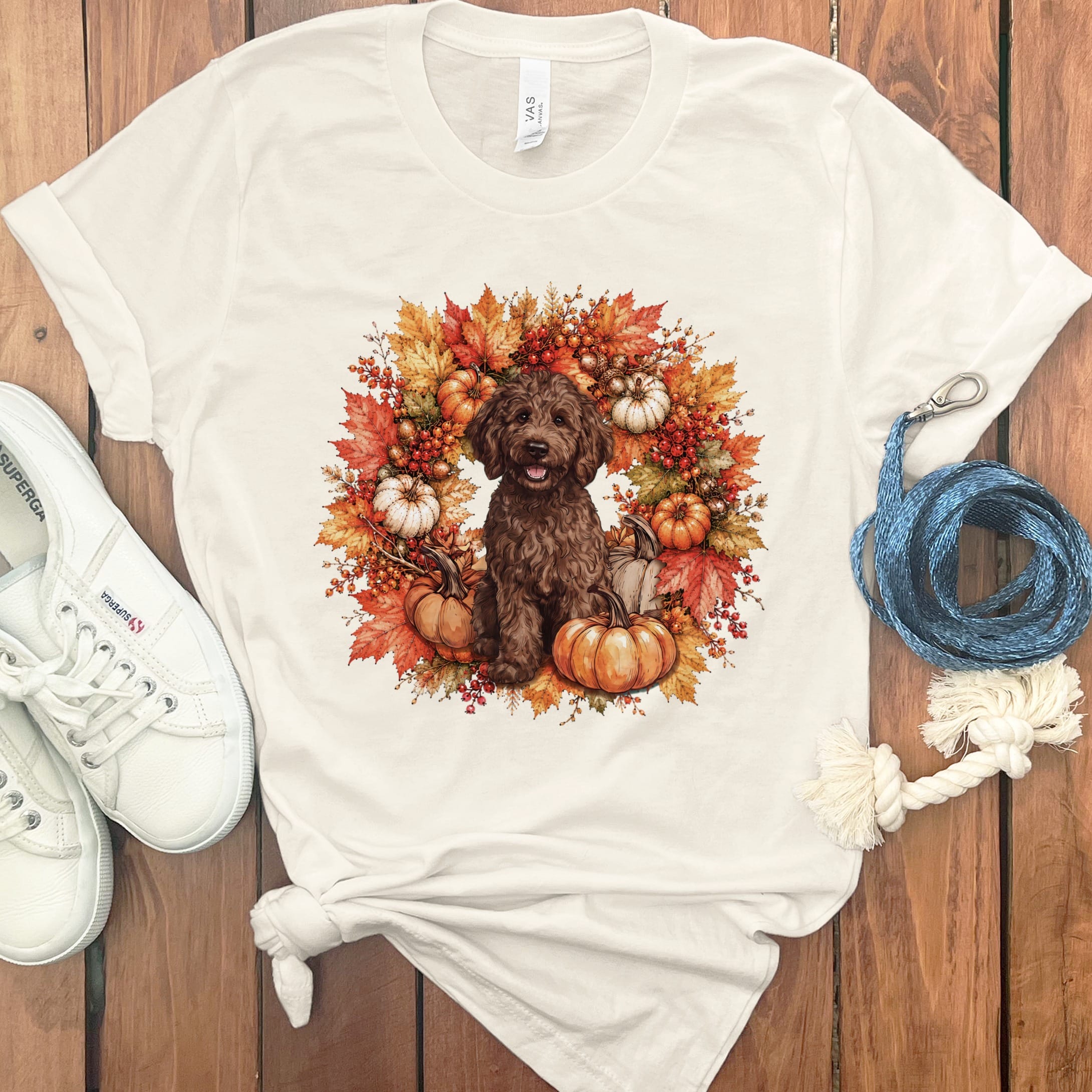 Chocolate Goldendoodle Fall Wreath T-Shirt in Natural / S by Puppy Jo