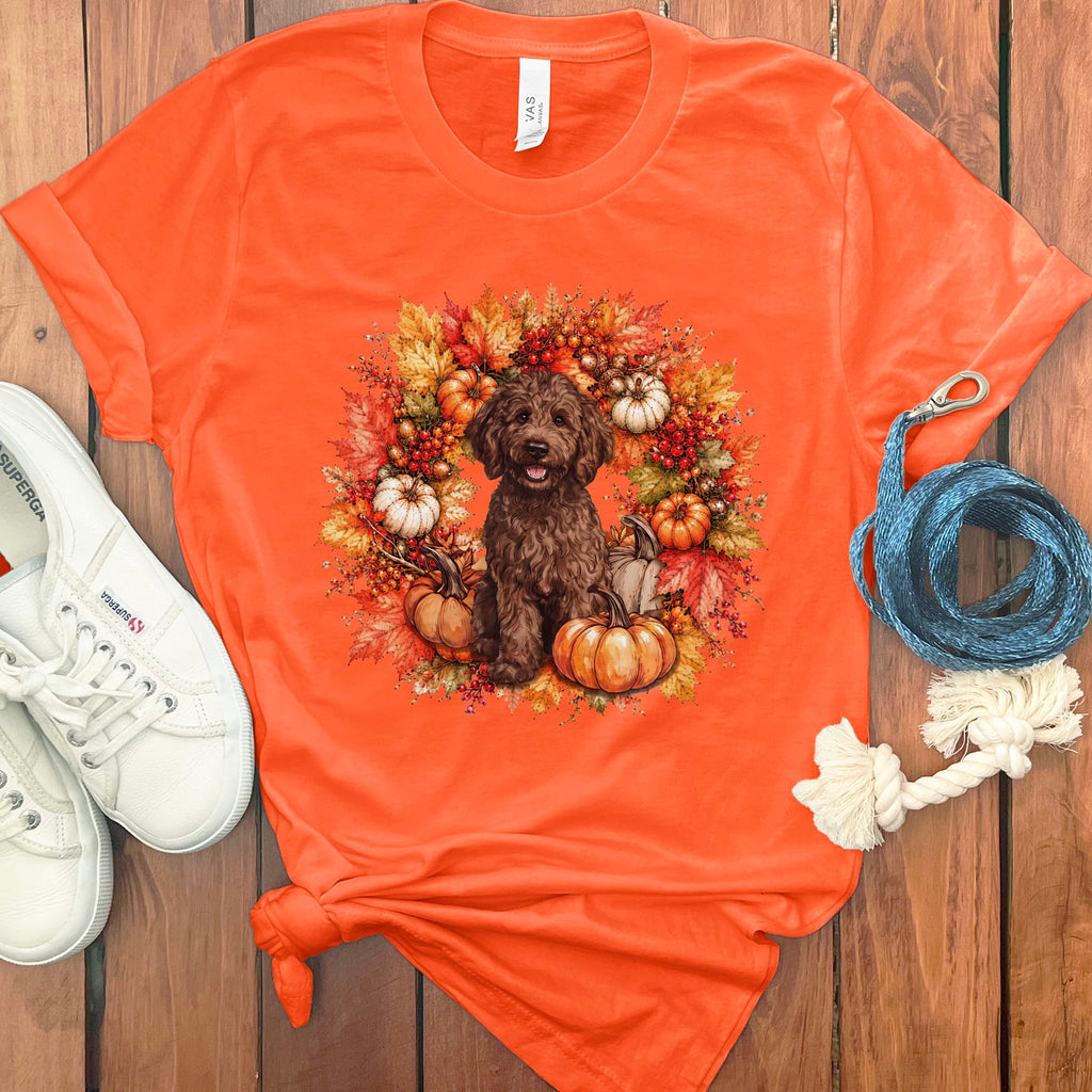 Chocolate Goldendoodle Fall Wreath T-Shirt in Orange / S by Puppy Jo
