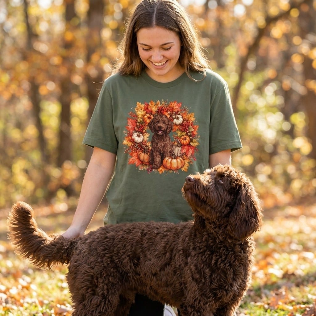 Chocolate Goldendoodle Fall Wreath T-Shirt in by Puppy Jo