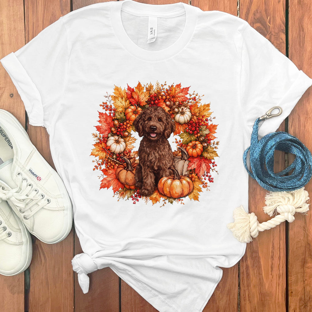 Chocolate Goldendoodle Fall Wreath T-Shirt in White / S by Puppy Jo