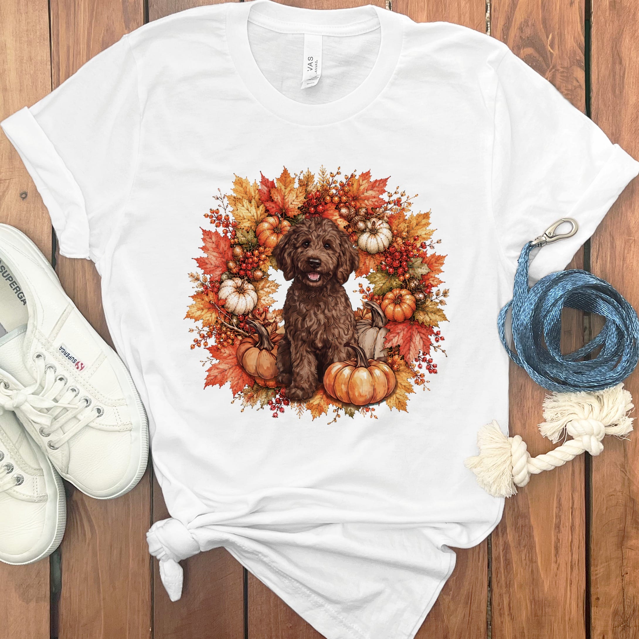 Chocolate Goldendoodle Fall Wreath T-Shirt in White / S by Puppy Jo