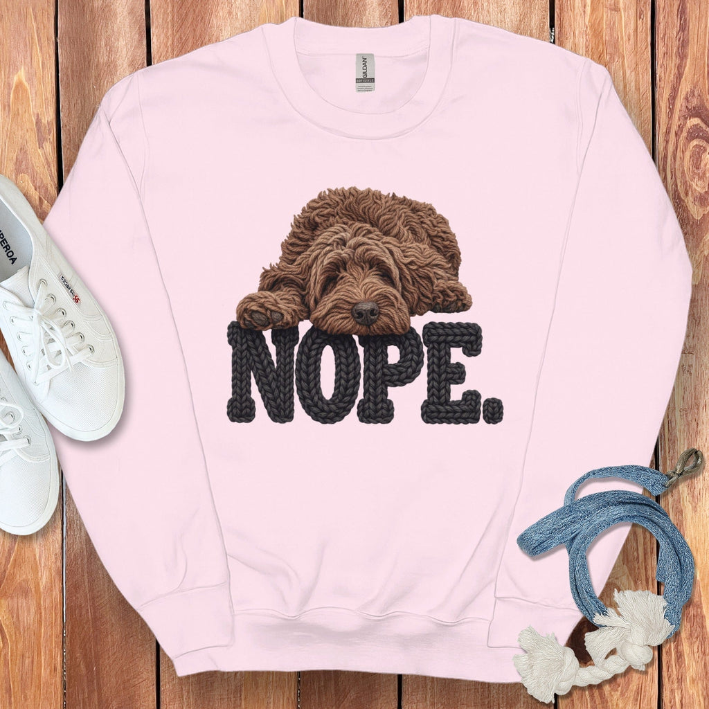 Chocolate Goldendoodle Faux Yarn Nope Sweatshirt in Light Pink / S by Puppy Jo