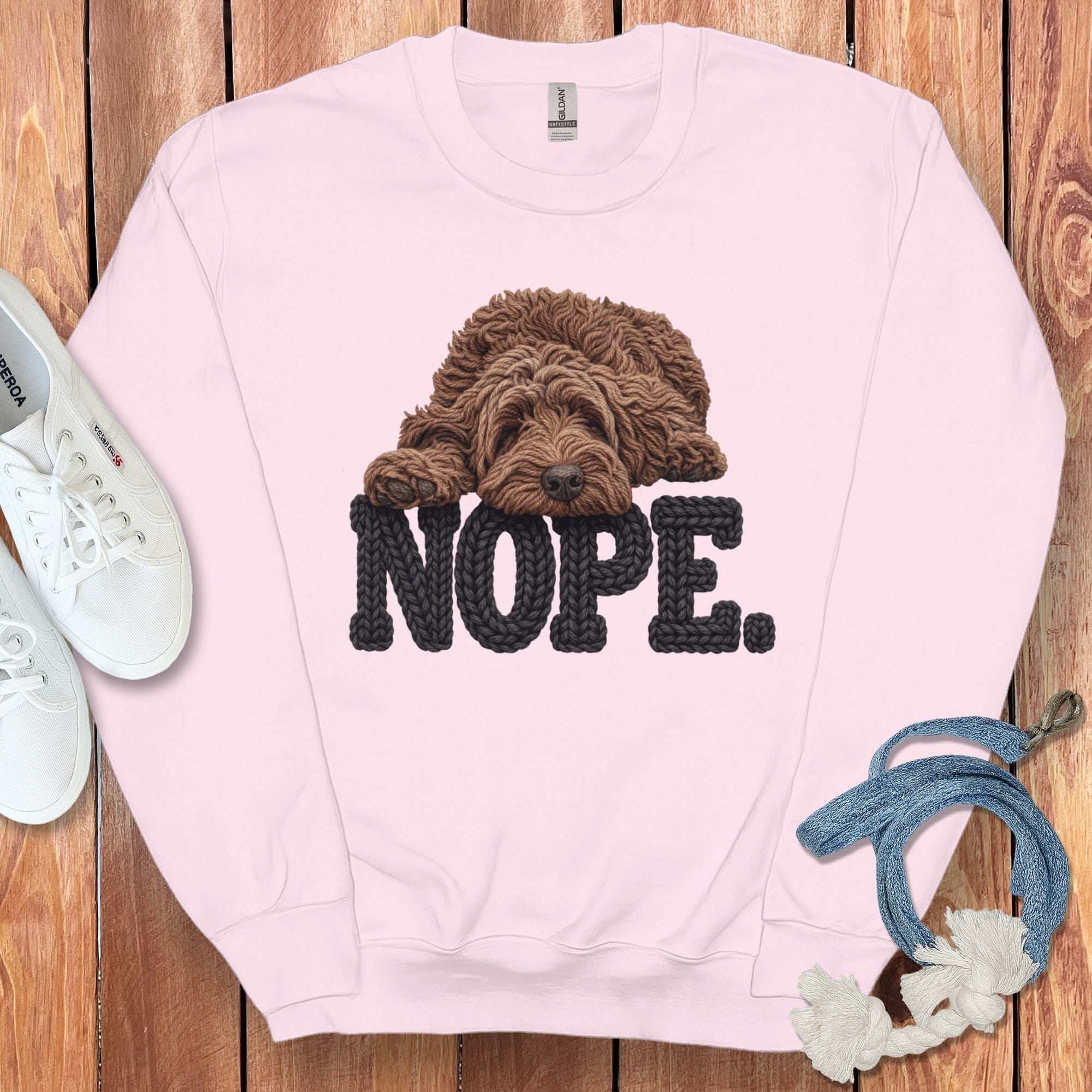 Chocolate Goldendoodle Faux Yarn Nope Sweatshirt in Light Pink / S by Puppy Jo