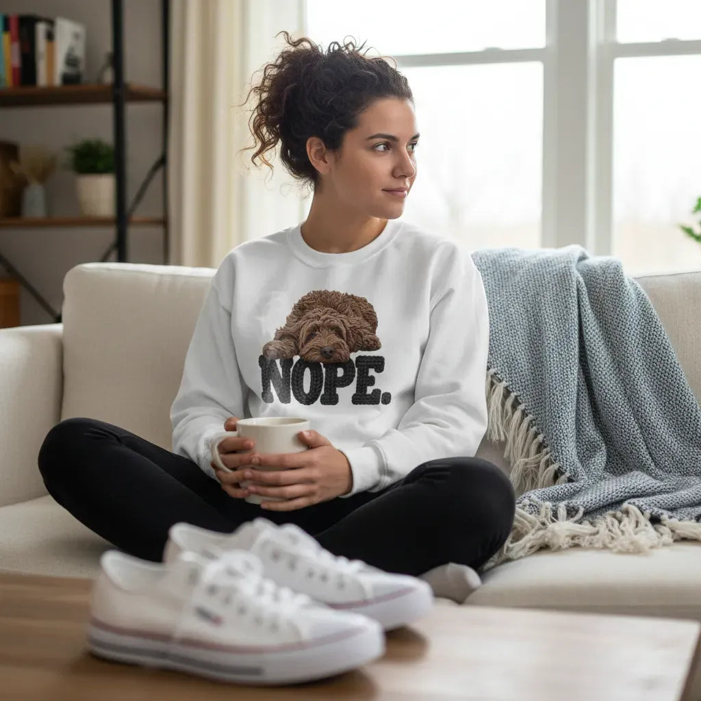 Chocolate Goldendoodle Faux Yarn Nope Sweatshirt in by Puppy Jo