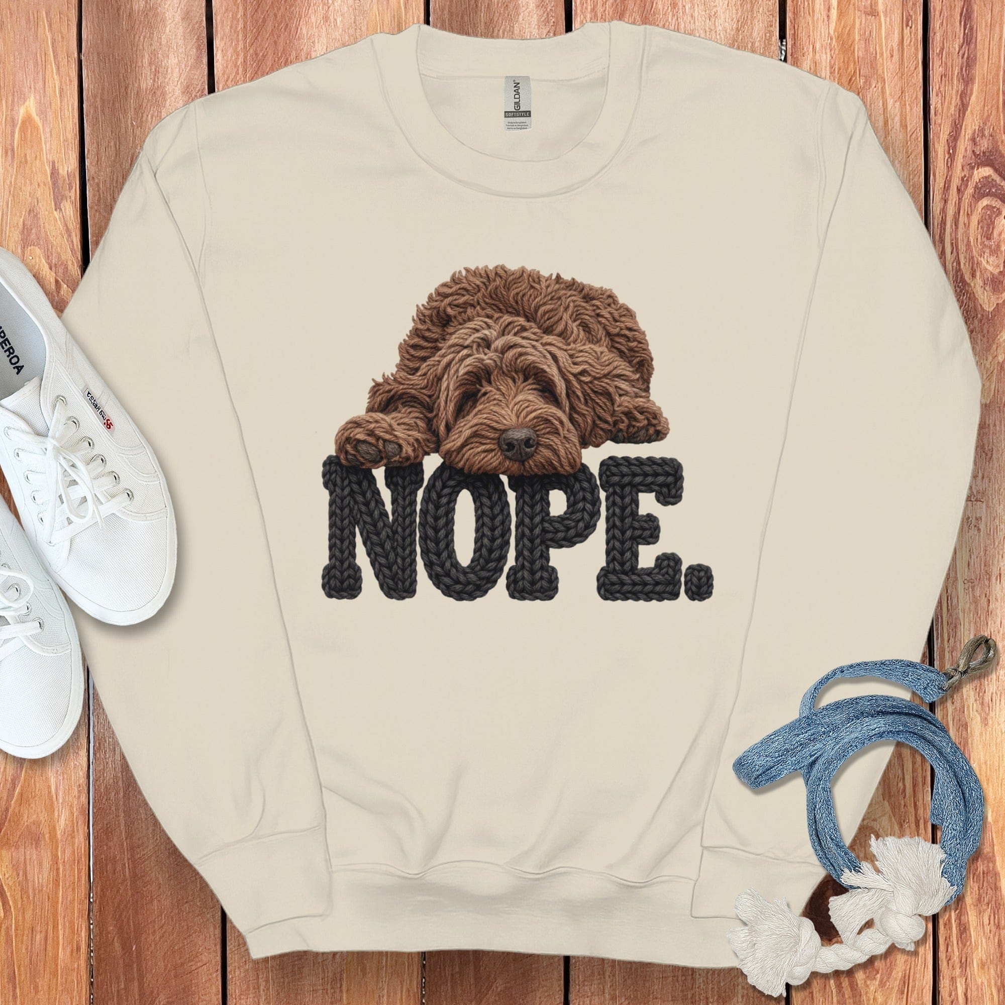 Chocolate Goldendoodle Faux Yarn Nope Sweatshirt in Sand / S by Puppy Jo