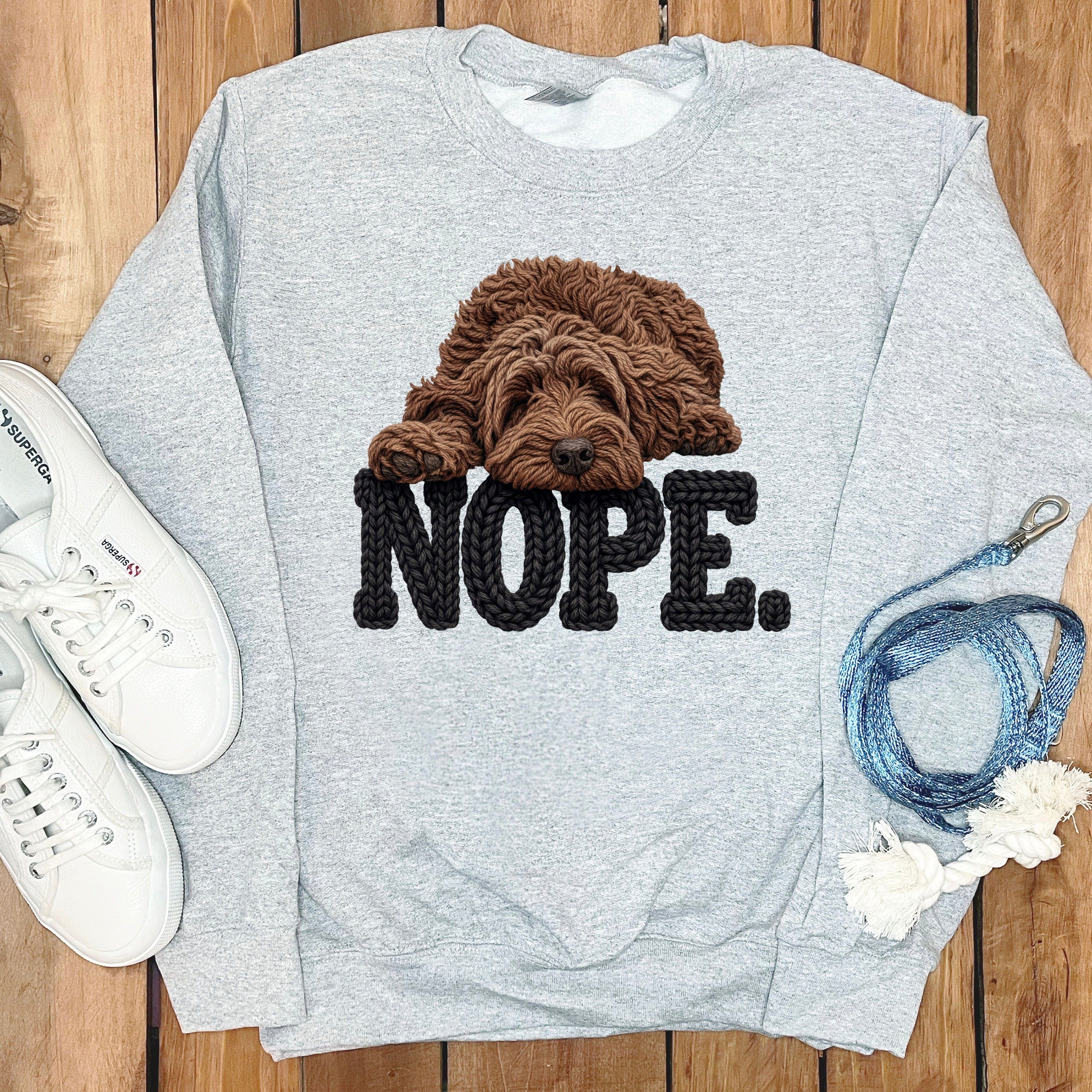 Chocolate Goldendoodle Faux Yarn Nope Sweatshirt in Sport Grey / S by Puppy Jo