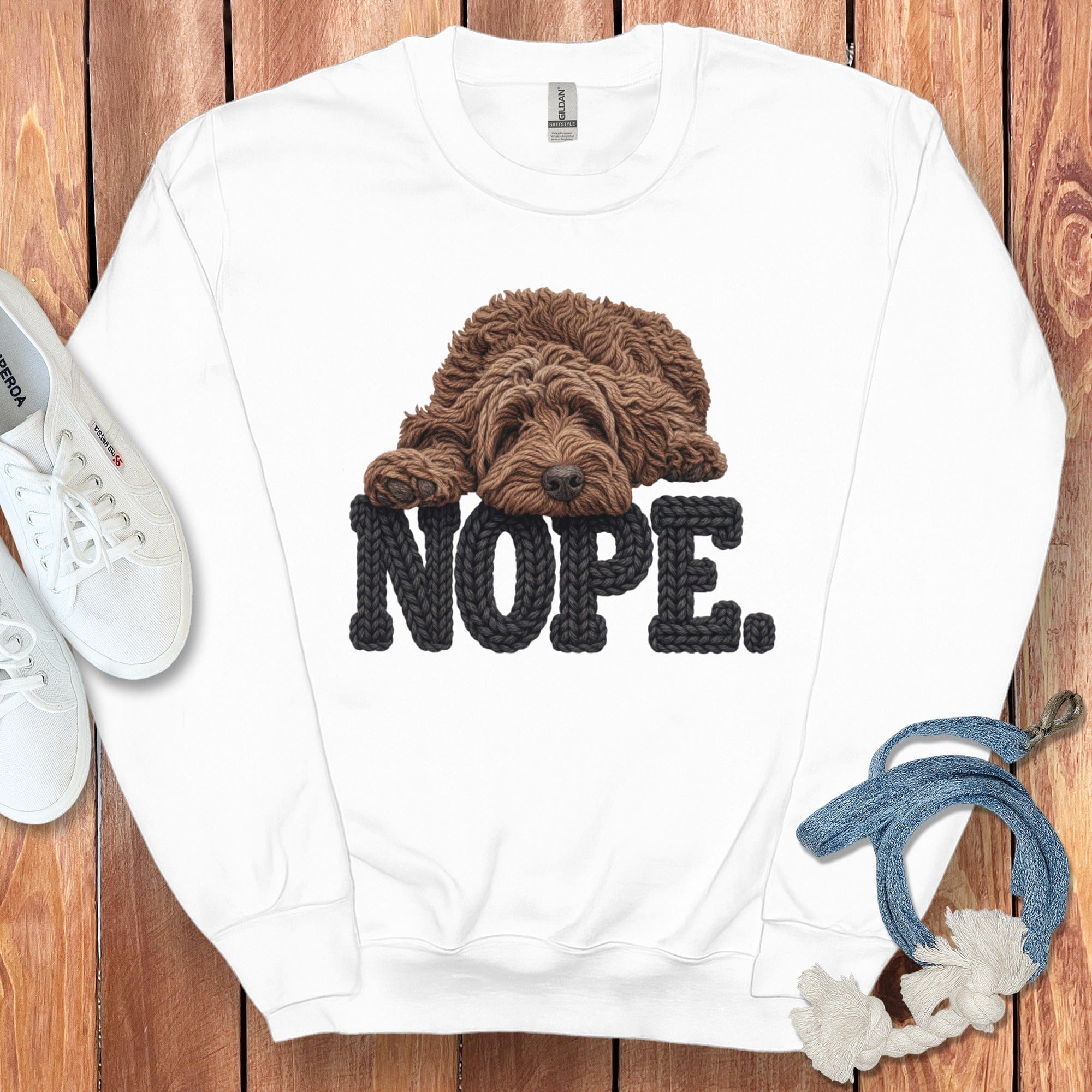 Chocolate Goldendoodle Faux Yarn Nope Sweatshirt in White / S by Puppy Jo